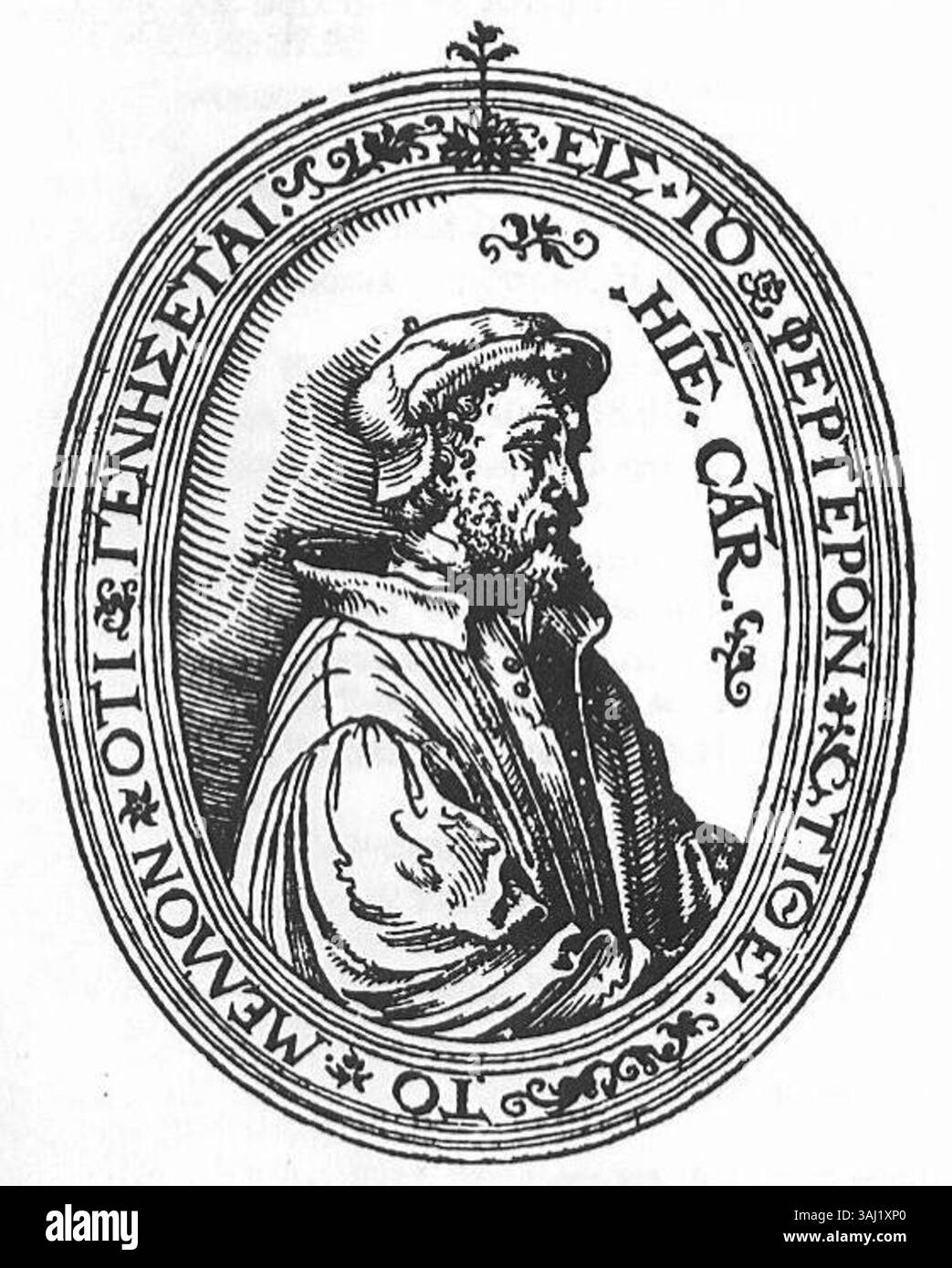 Il frontespizio di Ars Magna (1545) di Gerolamo Cardano presenta un ritratto del matematico. Il lavoro di Cardano rimane influente nella storia della matematica e nello sviluppo dell'algebra. Foto Stock