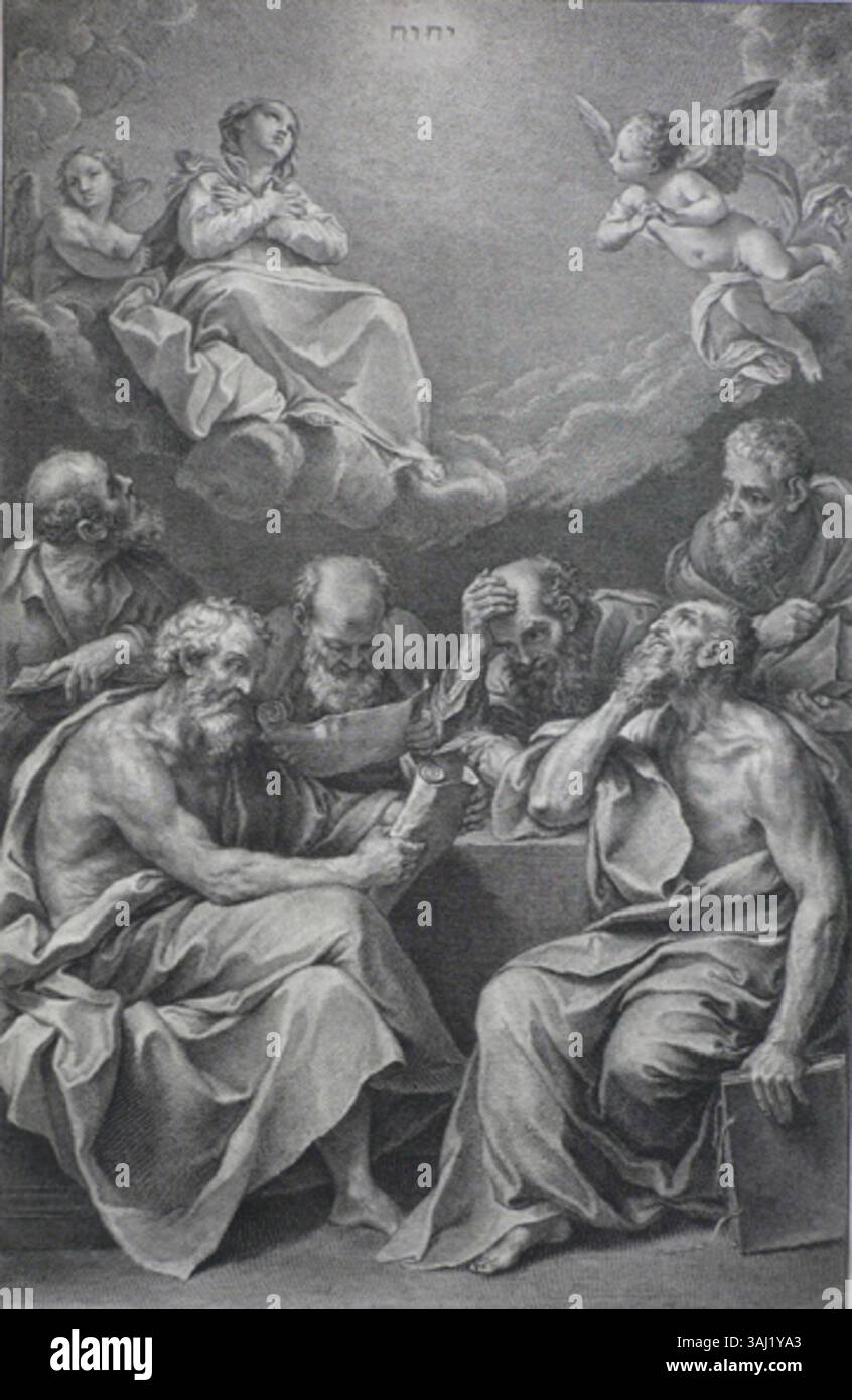 La stampa di Johann Jakob Frey, basata sull'opera di Guido reni, illustra una scena biblica ispirata a Luca 1:49, raffigurante la Vergine Maria che celebra la grandezza di Dio. L'immagine cattura l'essenza sacra e spirituale del momento in uno stile europeo classico, enfatizzando la devozione religiosa e la purezza. Foto Stock