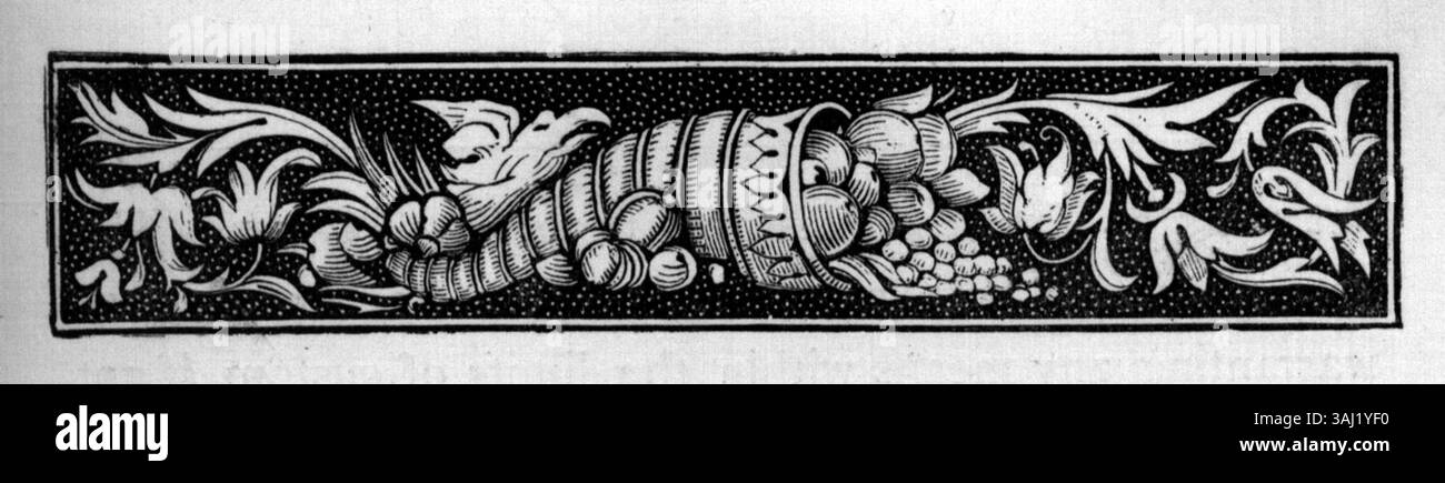 Un secondo disegno di confine cornucopia tratto da "Memorials of the Tower of London" (1866), che sottolinea l'arte simbolica dell'epoca vittoriana e gli elementi architettonici legati all'eredità storica della Torre. Foto Stock