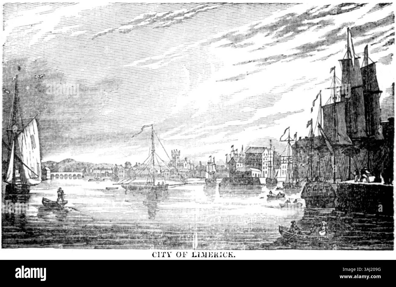 Questa immagine della città di Limerick, catturata nel 1833, presenta una vista storica della città con particolare attenzione alla sua architettura urbana e allo sviluppo durante l'inizio del XIX secolo. Foto Stock