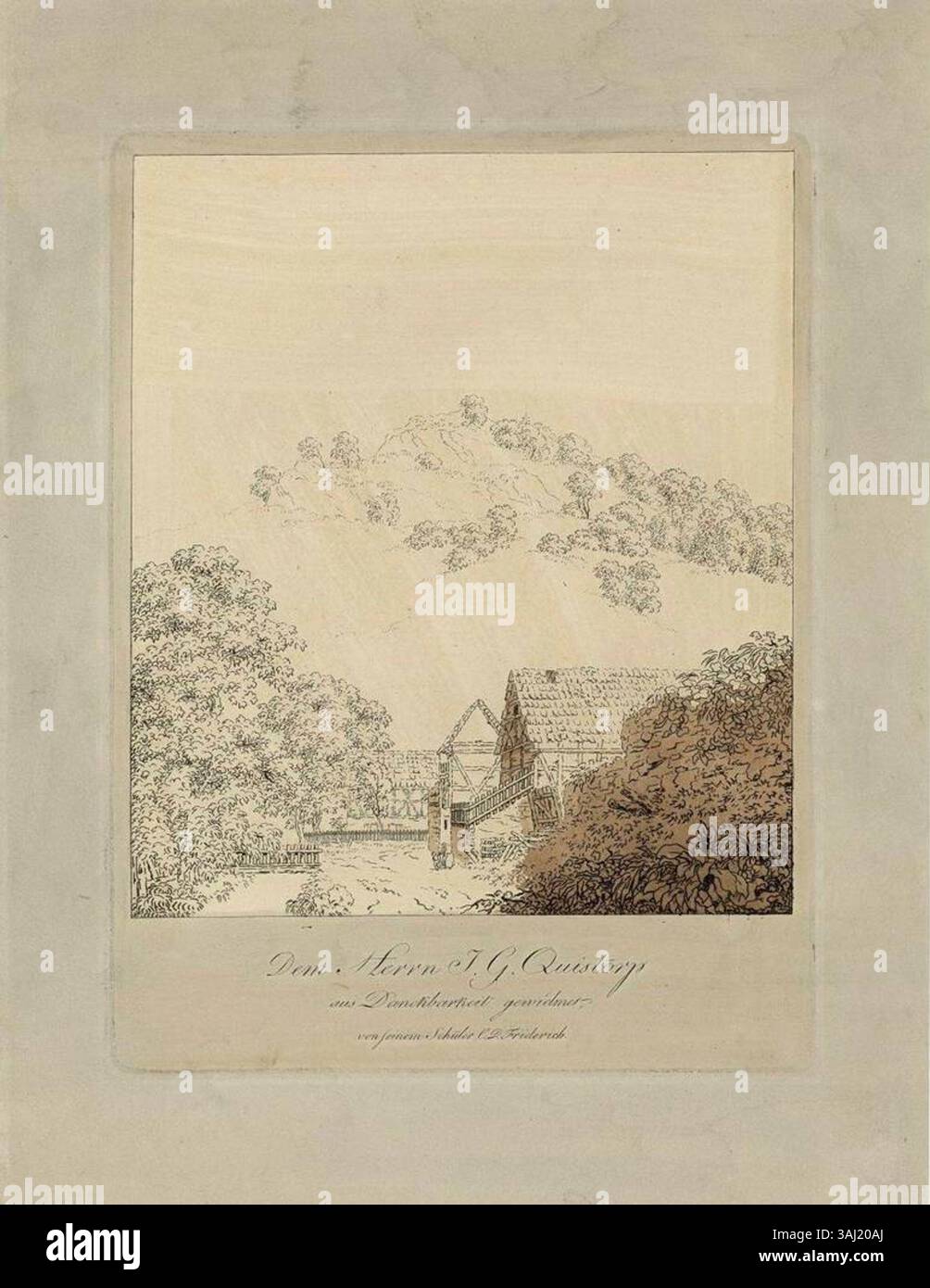 Questa incisione di Caspar David Friedrich, intitolata "Bauernhäuser vor Berghang", è stata creata nel 1799 e fa parte della collezione Kupferstich-Kabinett di Dresda. Esso raffigura case rurali alla base di una montagna. Foto Stock