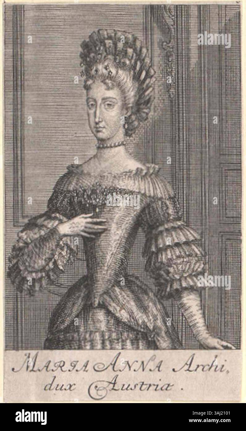 Incisione di Maria Anna d'Austria, moglie del re Giovanni V del Portogallo, intorno al XVII secolo. Il ritratto la presenta come una regina in abito reale, evidenziando la sua influenza europea durante il periodo. Foto Stock