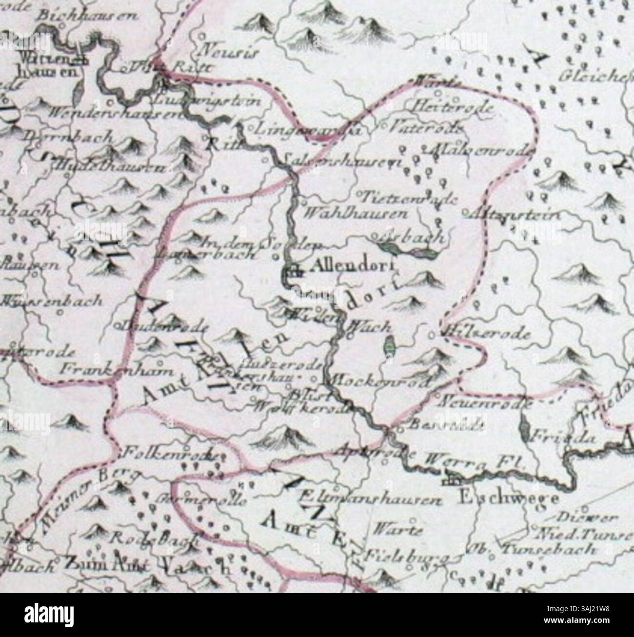 Un'incisione colorata in rame del 1793/94 raffigurante il paesaggio di Assia-Kassel, in particolare il quartiere di Allendorf. La mappa evidenzia confini territoriali errati. Foto Stock