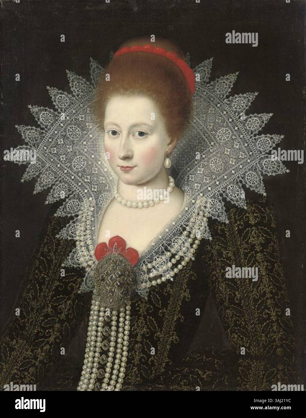 Questo ritratto del XVII secolo, attribuito a un seguace di Paul van Somer, raffigura una signora, forse Anna di Danimarca. Il dipinto a metà lunghezza a olio su tela la mostra in un abito nero gioiellato con un ruff di pizzo, che riflette la moda del tempo. Foto Stock