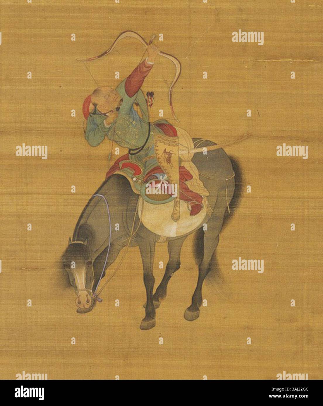 Dipinto a pergamena di Liu Guandao della dinastia Yuan, raffigurante Kublai Khan in una spedizione di caccia nel 1280. L'opera d'arte mostra Kublai Khan in abiti di pelliccia mongola sui broccati di seta cinesi, evidenziando la fusione di stili di abbigliamento mongoli e cinesi. Foto Stock