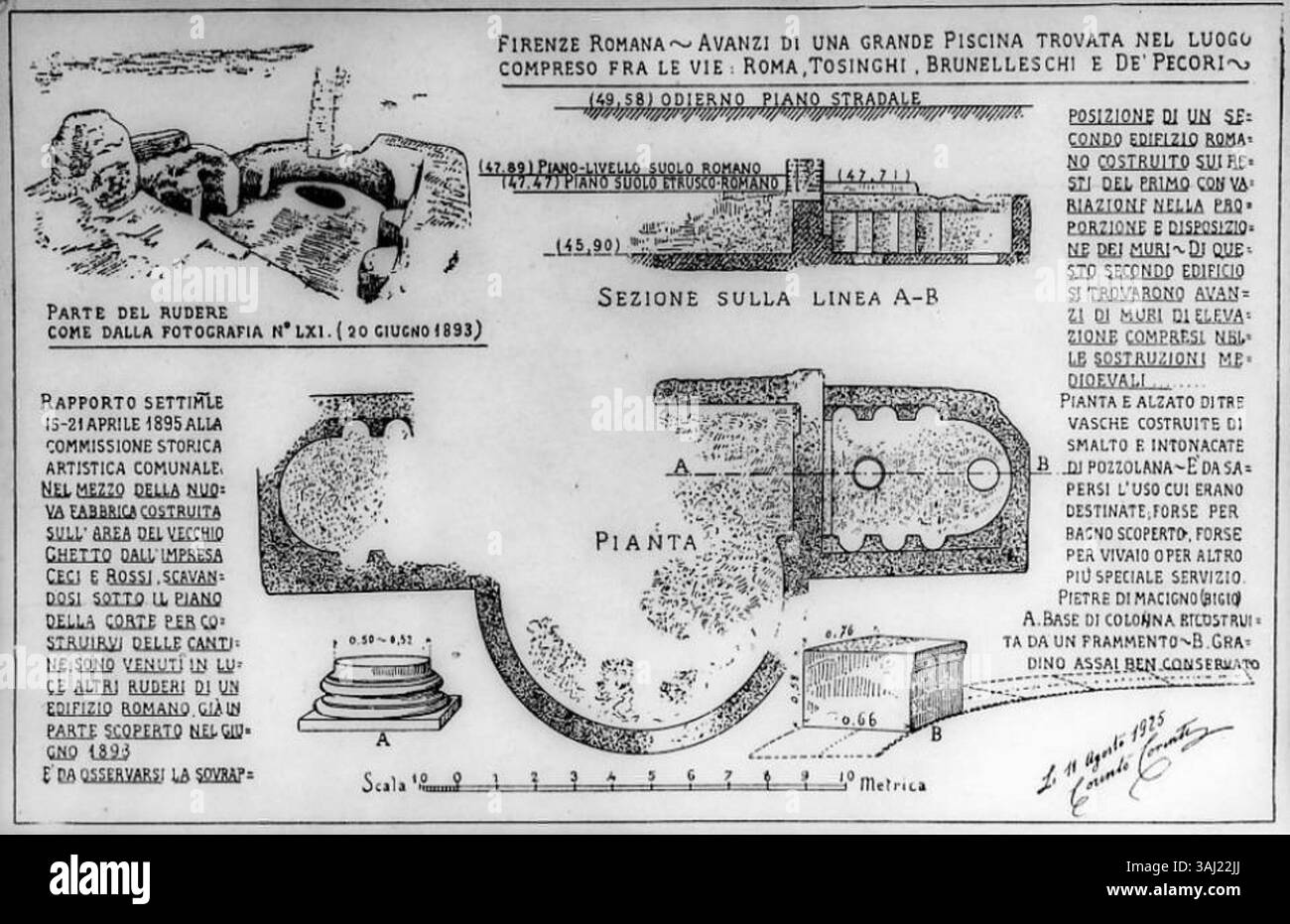 Questa immagine raffigura i resti di una grande piscina romana scoperta tra le strade Roma, Tosinghi, Brunelleschi e De' Pecori a Firenze, sulla base di 1893 reperti archeologici. La struttura illustra il patrimonio romano della città. Foto Stock
