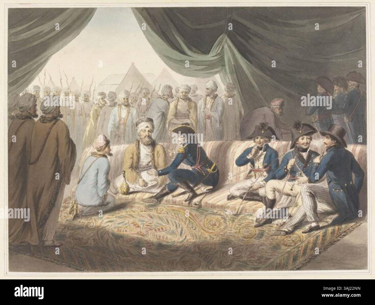 Incisione della tenda del Gran Visir, basata su uno schizzo di F.B. Spilsbury e disegnata da Daniel orme. La stampa, del 1800 circa, raffigura un evento durante le campagne del 1799-1800 in Terra Santa, che illustra la tenda del Gran Visir a Giaffa. Foto Stock