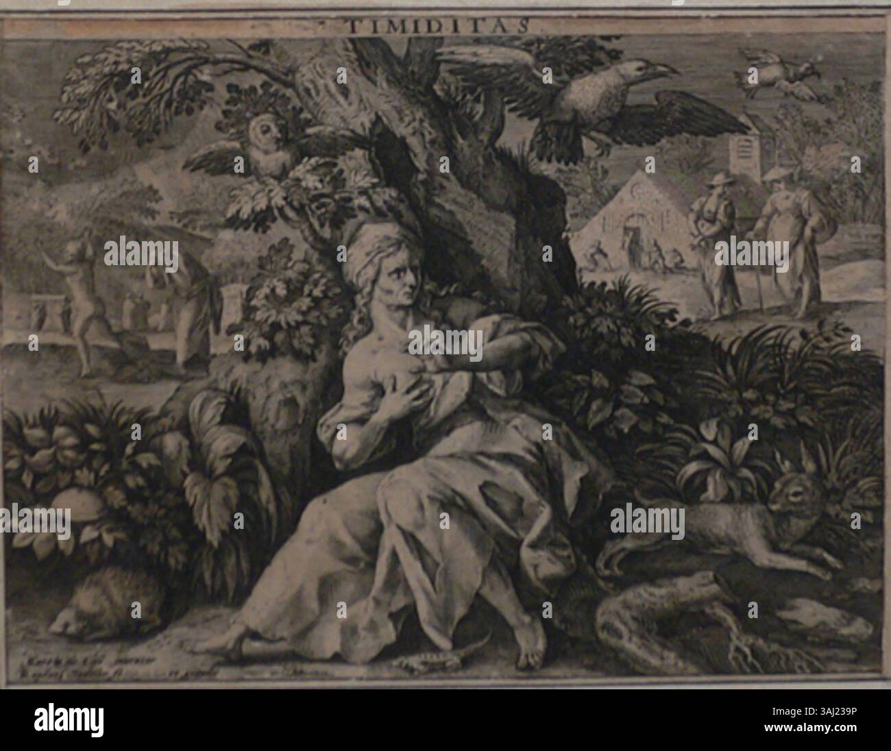 La stampa "Timiditas" di Raphael Sadeler il Vecchio, basata sul lavoro di Marten De Vos, raffigura il concetto di paura in una persona. L'opera fa parte di una serie che esplora le emozioni e le virtù umane nell'arte del XVI secolo. Foto Stock