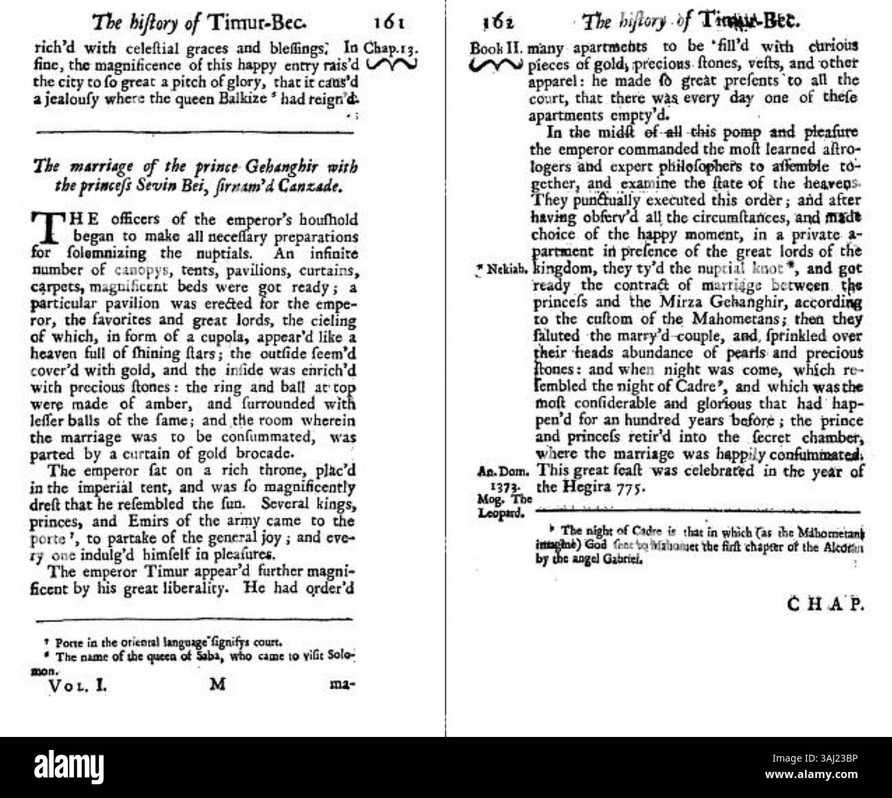 Questa illustrazione tratta dallo "Zafarnama" del 1723 raffigura il matrimonio del 1374 tra Jahangir e Sevin Beg Khanzada, celebrato con grandi festeggiamenti ospitati da Timur. La scena sottolinea il significato politico e culturale dei matrimoni reali nell'Impero timuride. Foto Stock