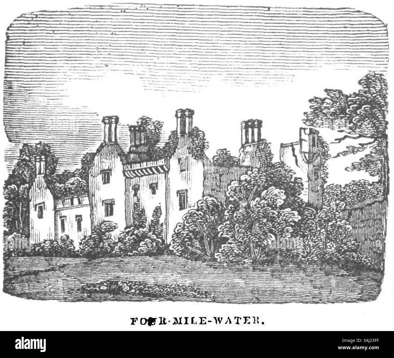 L'illustrazione "Four Mile Water, County of Cork" (1835) del Dublin Penny Journal raffigura una rovina storica nella contea di Cork. L'articolo riflette la storia antica e più recente della zona, in particolare il suo ruolo durante la guerra civile irlandese. Foto Stock