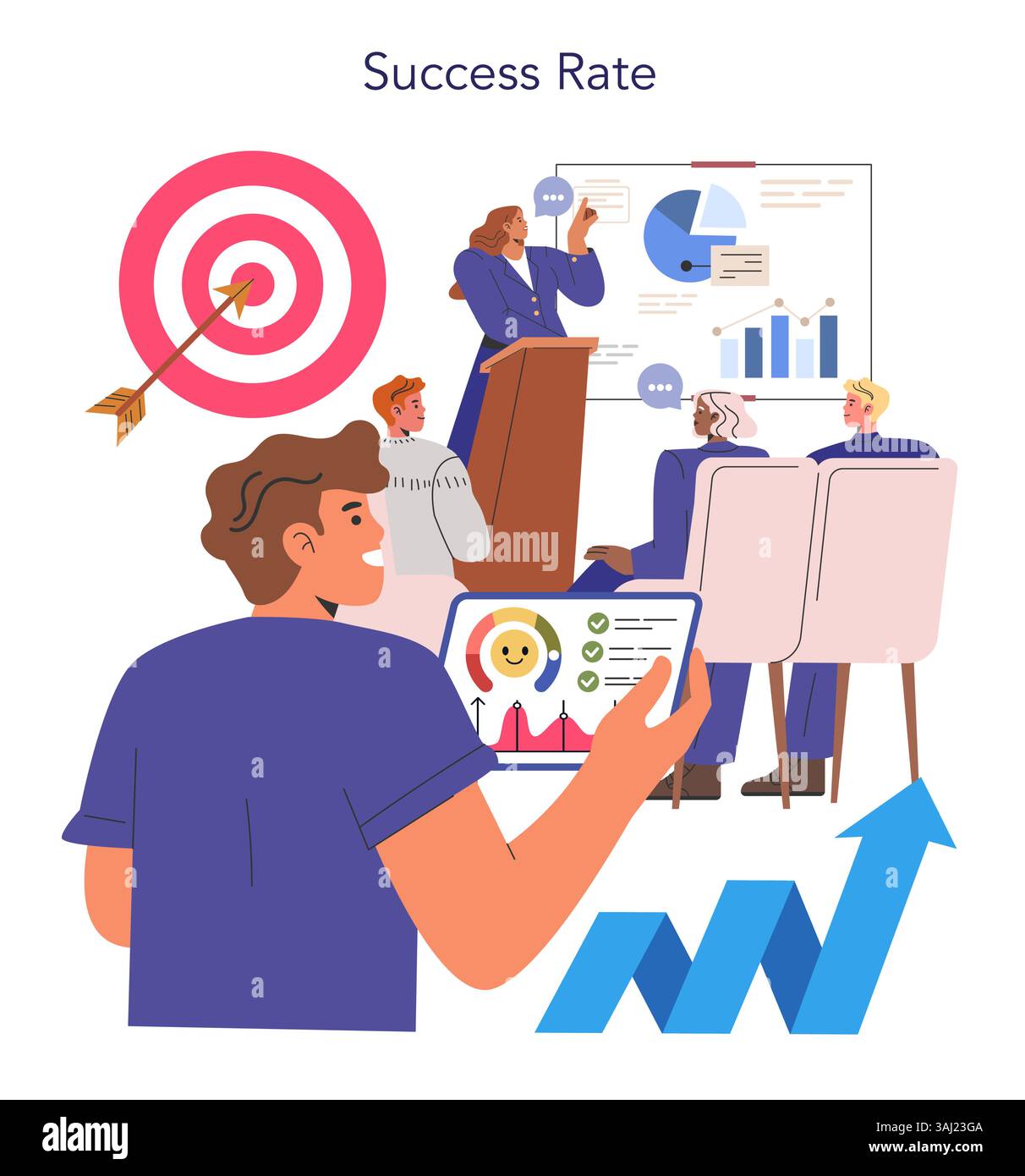 Concetto di agenzia di eventi che dimostra una presentazione aziendale in corso. Un oratore coinvolge il pubblico utilizzando l'analisi dei dati e la grafica. Le metriche di successo sono evidenziate, che mostrano una comunicazione efficace. Illustrazione vettoriale. Illustrazione Vettoriale