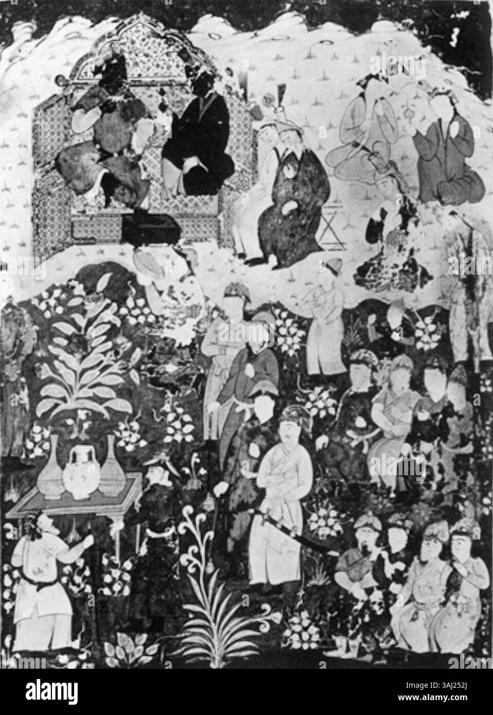 Questa pagina manoscritta del tardo XIV secolo dal 'Jmi al-tavrkh' di Rashid al-DIN raffigura Chagatay Khan con la sua consorte, offrendo una vista sulla nobiltà mongola e la loro vita di corte in Asia centrale durante il periodo Ilkhanide. Foto Stock