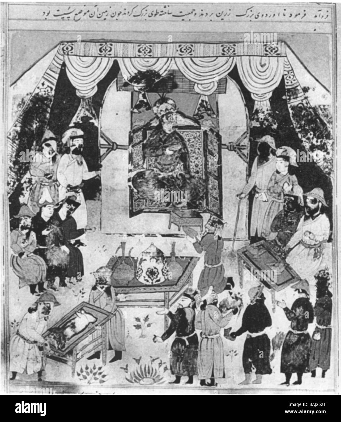 Folio 89 recto illustra Chingiz Khan che ospita una grande festa nel cuore delle terre originali delle sue tribù intorno al 1224 o 1225. La scena è ambientata all'interno di una grande tenda cerimoniale. Foto Stock