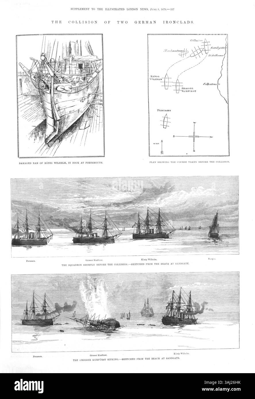 Questa incisione in legno illustra la collisione tra due corazzate tedesche, apparsa nel The Illustrated London News dell'8 giugno 1878. La scena drammatica evidenzia l'impatto distruttivo dell'incidente. Foto Stock Questa incisione in legno illustra la collisione tra due corazzate tedesche, apparsa nel The Illustrated London News dell'8 giugno 1878. La scena drammatica evidenzia l'impatto distruttivo dell'incidente. Foto Stock