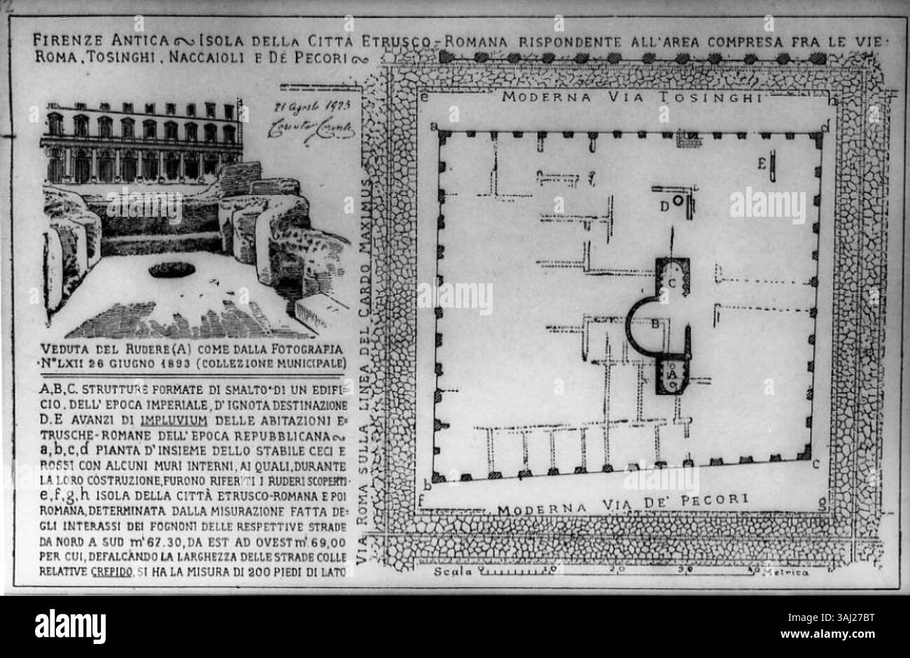 Una mappa storica dell'antica isola etrusco-romana di Firenze, che illustra l'area tra le vie Roma, Tosinghi, Brunelleschi e De' Pecori, basata su ricerche del 1893. La mappa mostra i confini della regione e il suo significato storico. Foto Stock