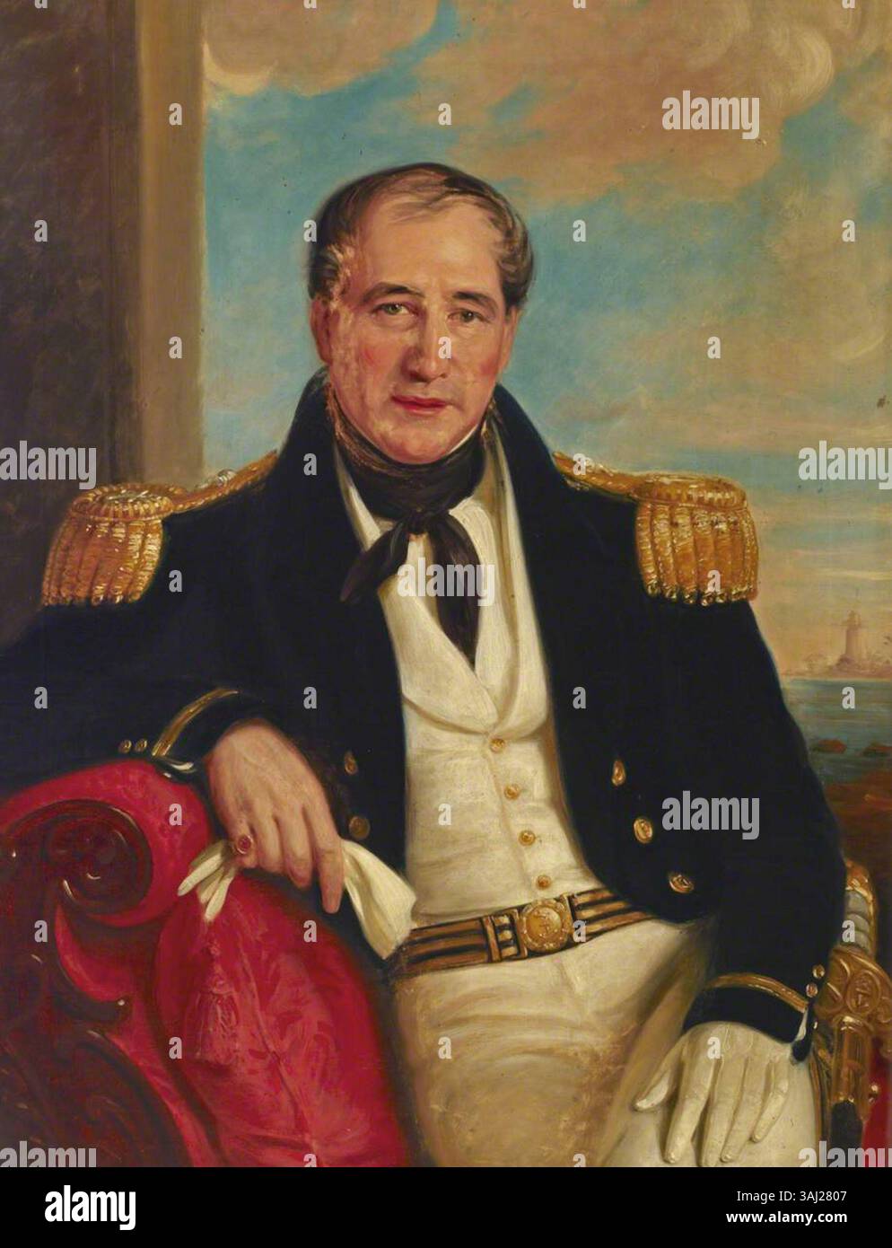 Questo ritratto del 1850 del capitano John Croft Hawkins, dipinto da un anonimo artista della British School, è ospitato presso i Royal Museums di Greenwich. L'opera d'arte a olio su tela raffigura Hawkins, un ufficiale navale britannico, nella sua uniforme militare. Foto Stock