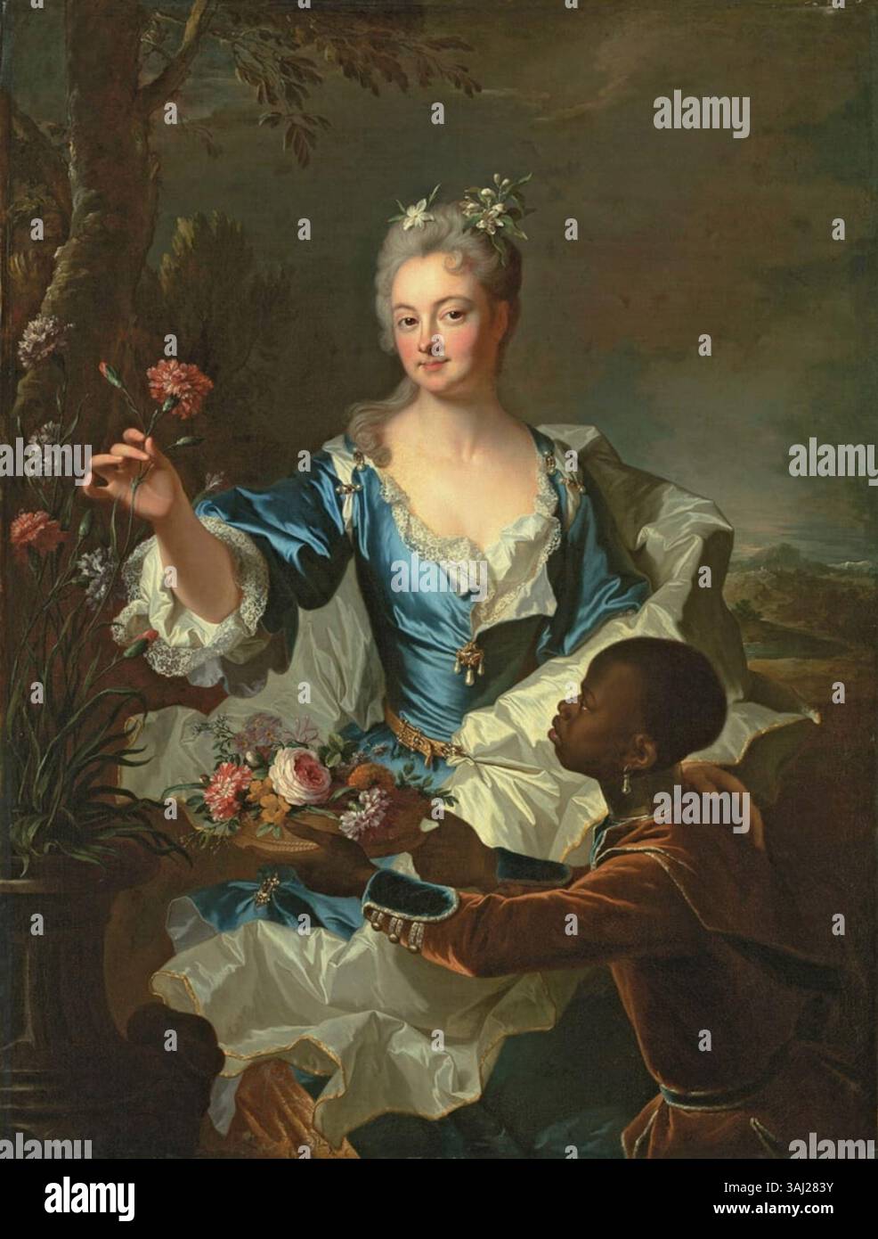 Questo ritratto del XVIII secolo di Hyacinthe Rigaud raffigura Hyacinthe-Sophie de Beschanel-Nointel, la marchesa di Louville. Il dipinto mostra l'eleganza dell'aristocrazia francese durante il periodo. Foto Stock