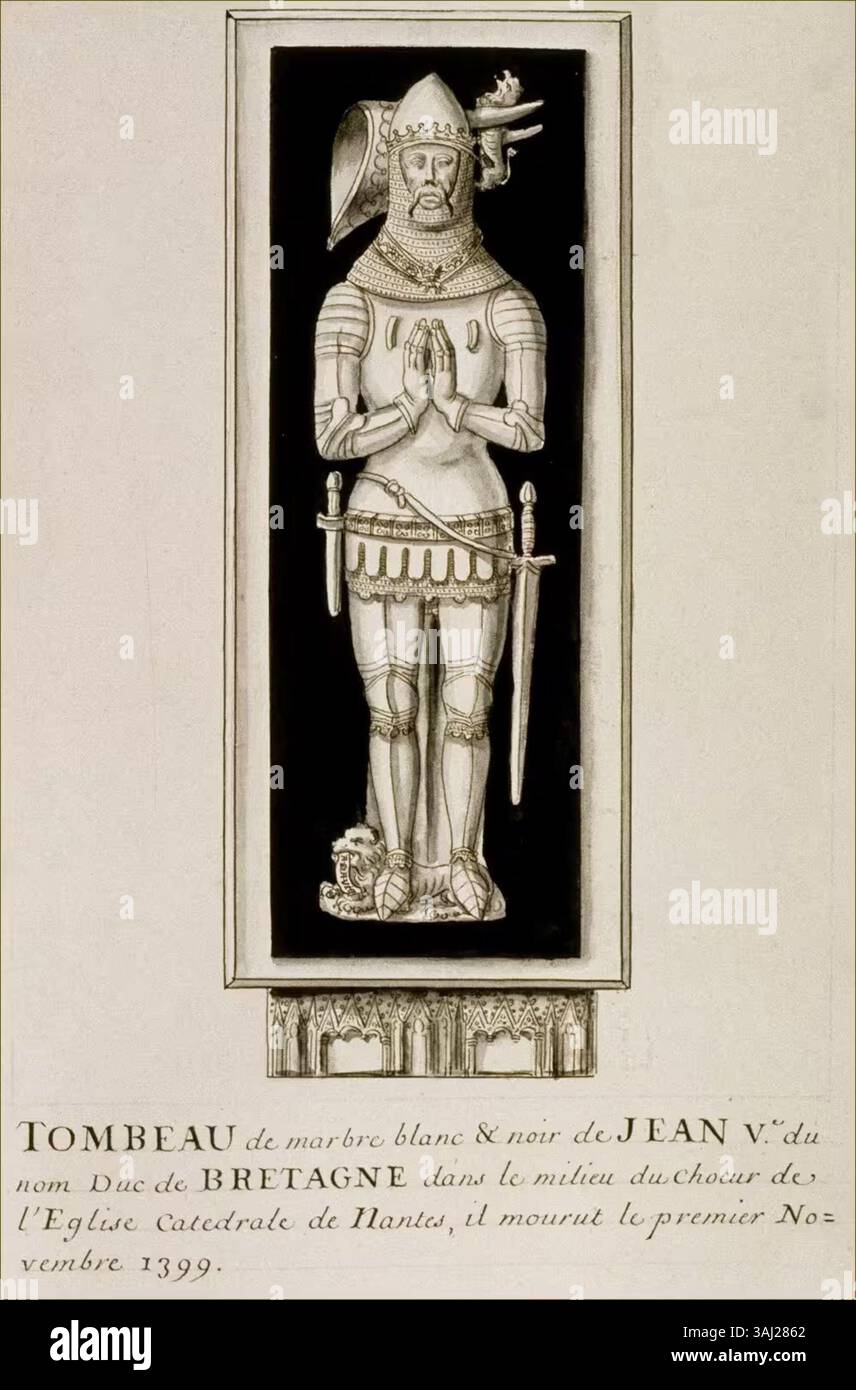 Questo disegno di Roger de Gaignières, creato intorno al 1700, raffigura la tomba di Jean IV de Bretagne, un notevole duca bretone. L'opera riflette l'attenzione di Gaignières per i dettagli storici e le raffigurazioni architettoniche nel XVII secolo. Foto Stock