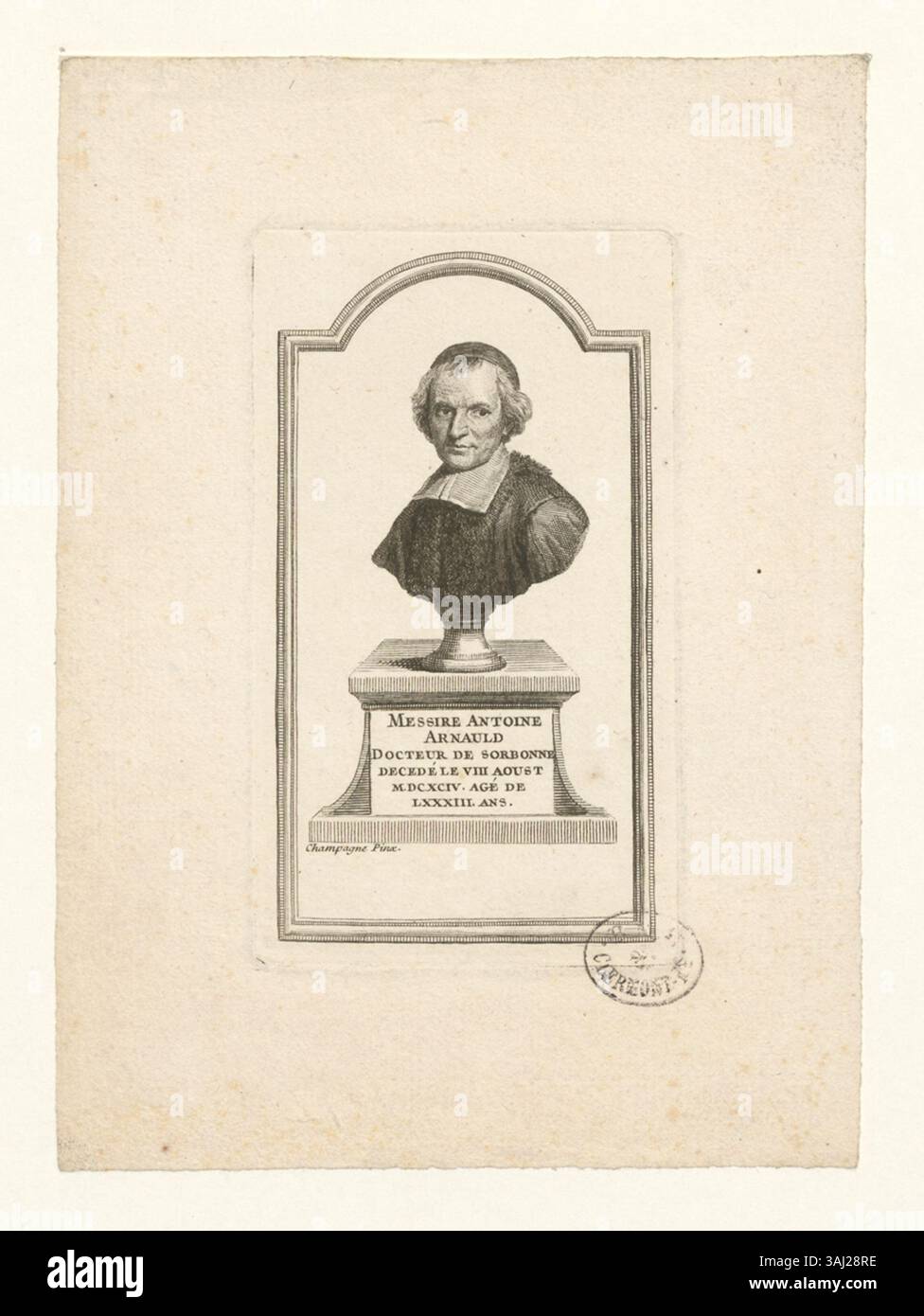 Questa stampa intaglio del XVII secolo di Jean Baptiste de Champaigne mostra Messire Antoine Arnauld, un rinomato medico della Sorbona, scomparso nel 1699 all'età di 83 anni. L'incisione dettagliata cattura la sua somiglianza, rappresentando la sua eredità accademica e i contributi intellettuali durante l'Illuminismo francese. Foto Stock