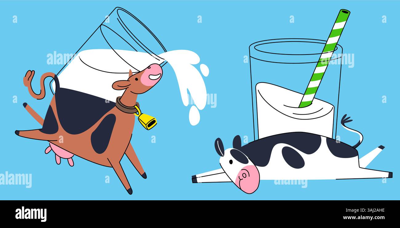 Divertenti mascotte di mucca cartoni animati che saltano e si sdraiano vicino a grandi bicchieri di latte con paglia e spruzzi - bovini da latte macchiati. Personaggi umoristici di animali da fattoria che si godono di una nutriente illustrazione vettoriale di bevande. Illustrazione Vettoriale