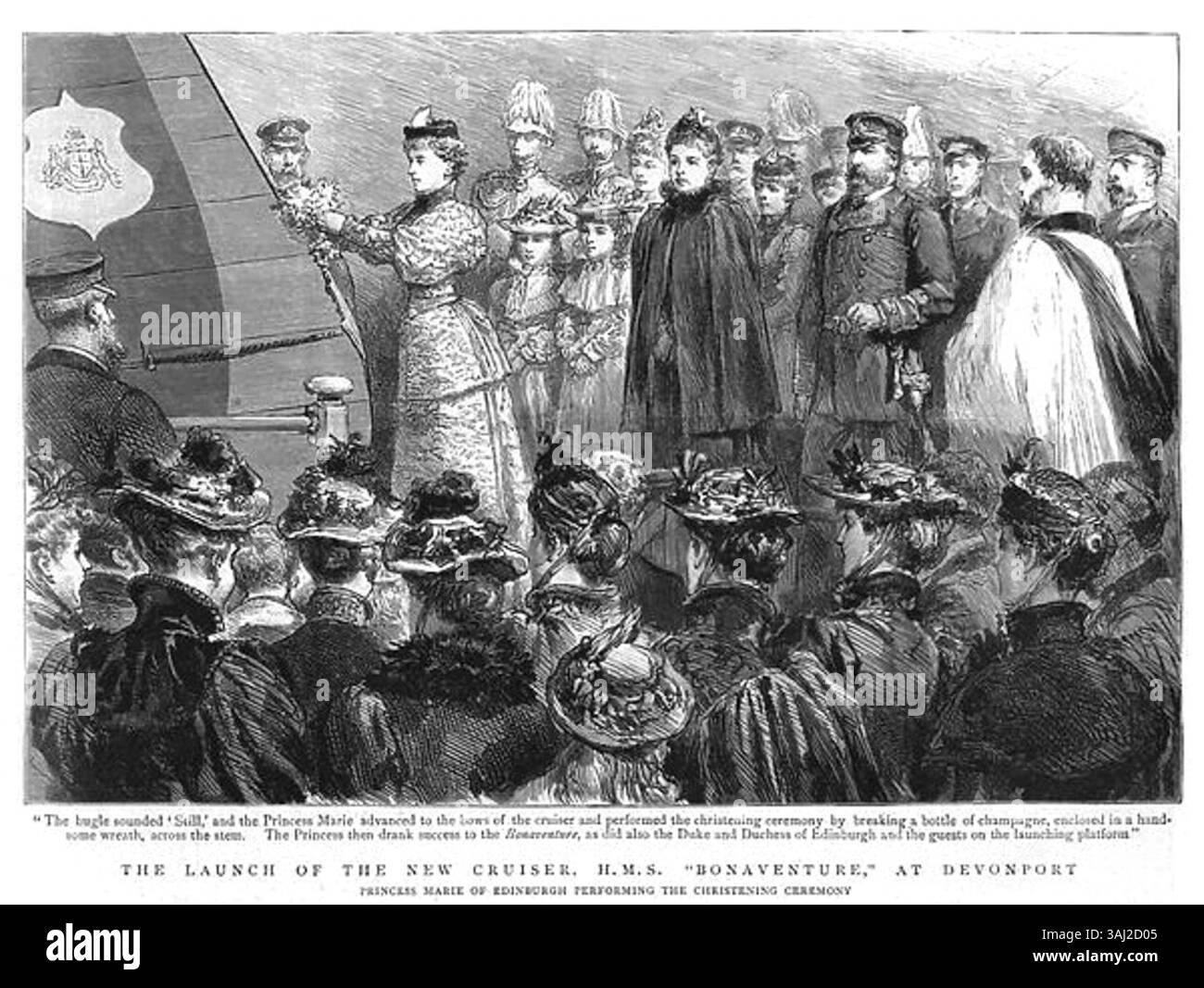 Un'illustrazione del Graphic che cattura il lancio della HMS Bonaventure a Devonport, con la principessa Maria di Edimburgo che esegue la cerimonia del battesimo. L'evento fu un momento chiave nella storia navale britannica. Foto Stock