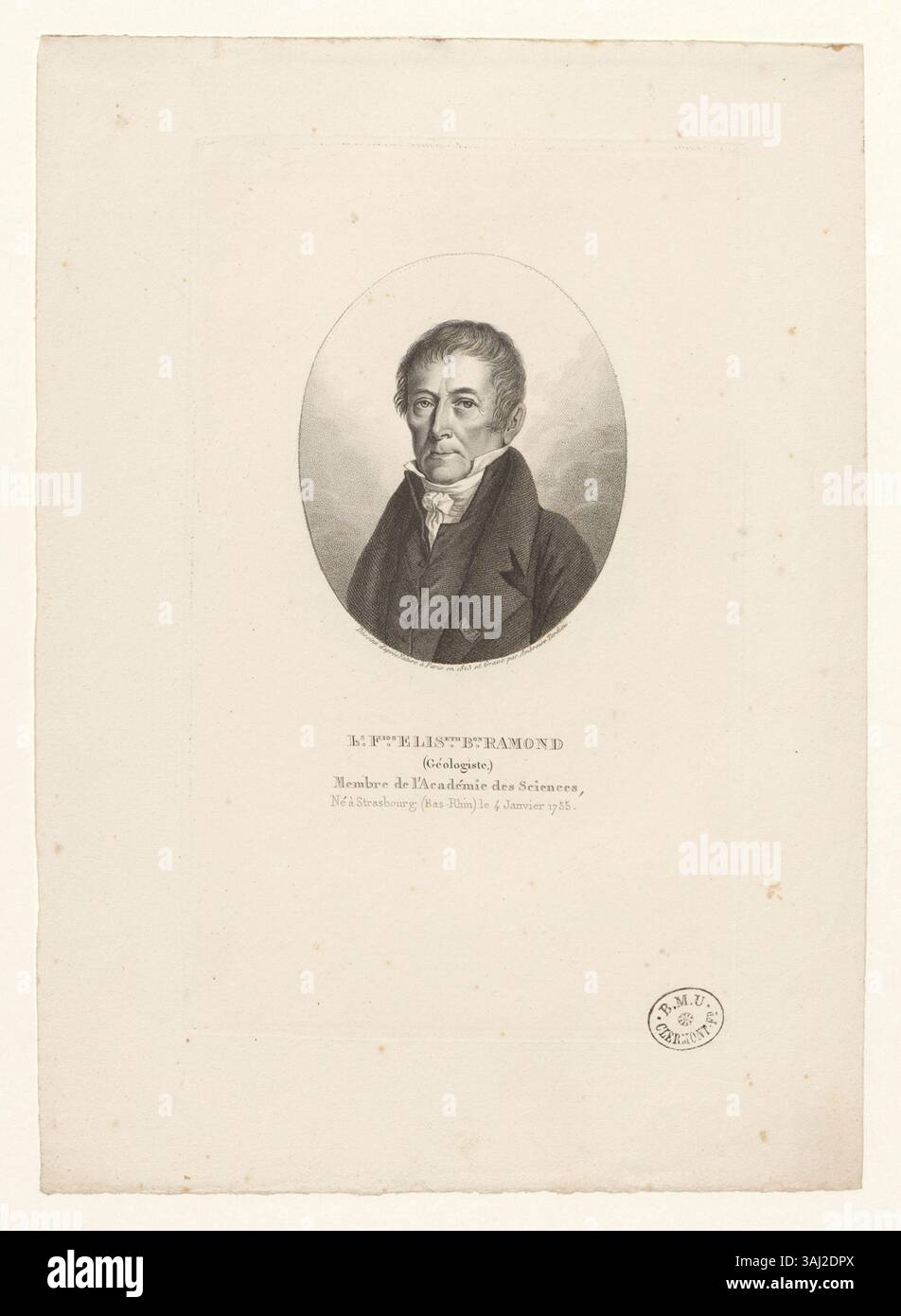 Questa stampa intaglio ritrae Louis Francois Elisabeth Baron Ramond, un geologo e membro dell'Accademia francese delle scienze. Nato a Strasburgo nel 1755, Ramond era noto per i suoi contributi nel campo della geologia e per la sua carriera scientifica. Foto Stock