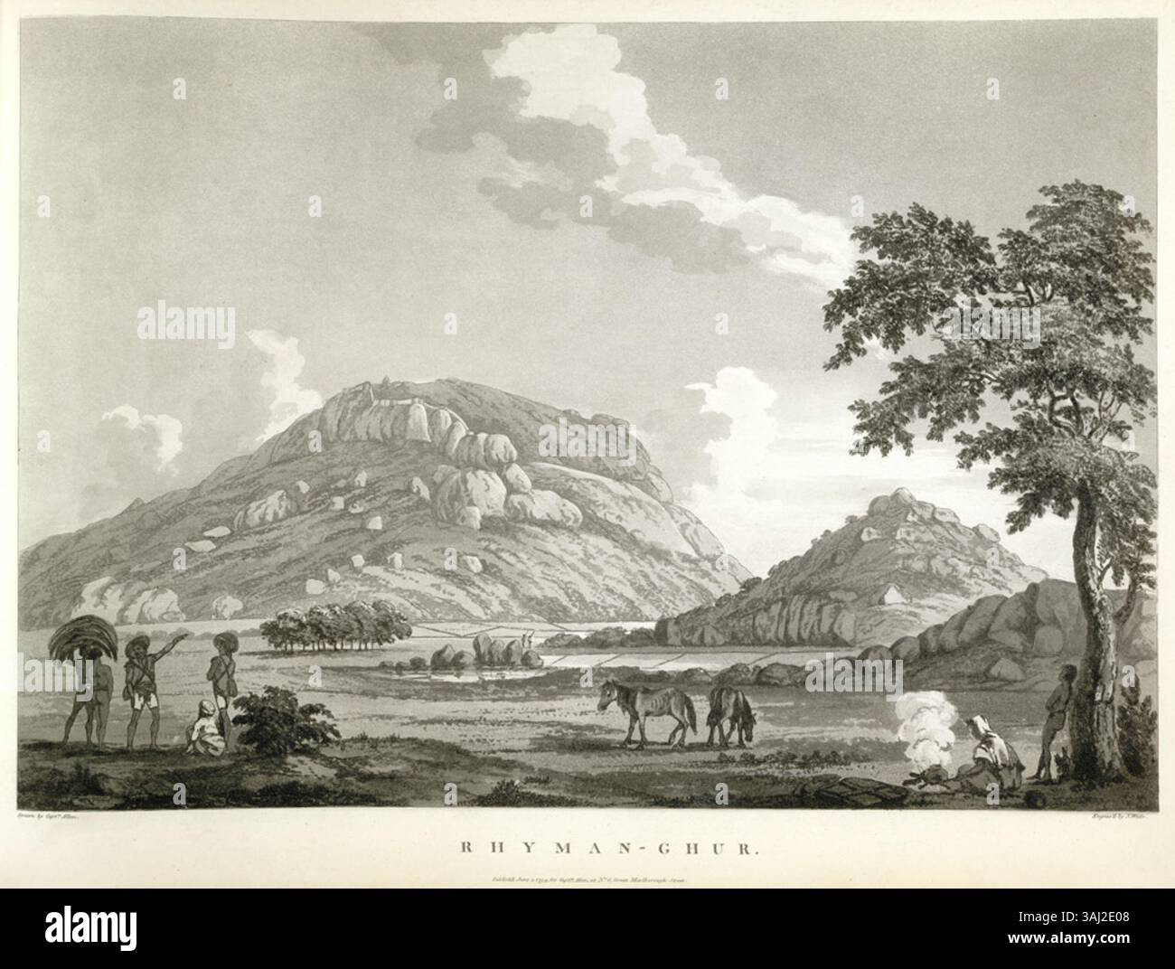 Questa acquatinta del 1794 di John Wells mostra il forte collinare Rhyman-Ghur (Rahmangarh), parte del paese di Mysore. Il forte si arrese alle forze britanniche durante la terza guerra anglo-mysore nel 1791. La stampa fa parte della serie di vedute del capitano Alexander Allan. Foto Stock