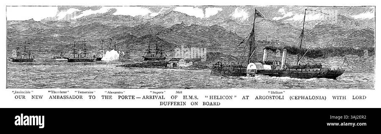 Illustrazione della HMS 'Helicon' che arrivò ad Argostoli, Cefalonia, il 2 luglio 1881, con Lord Dufferin a bordo come nuovo ambasciatore britannico presso l'Impero Ottomano. Foto Stock