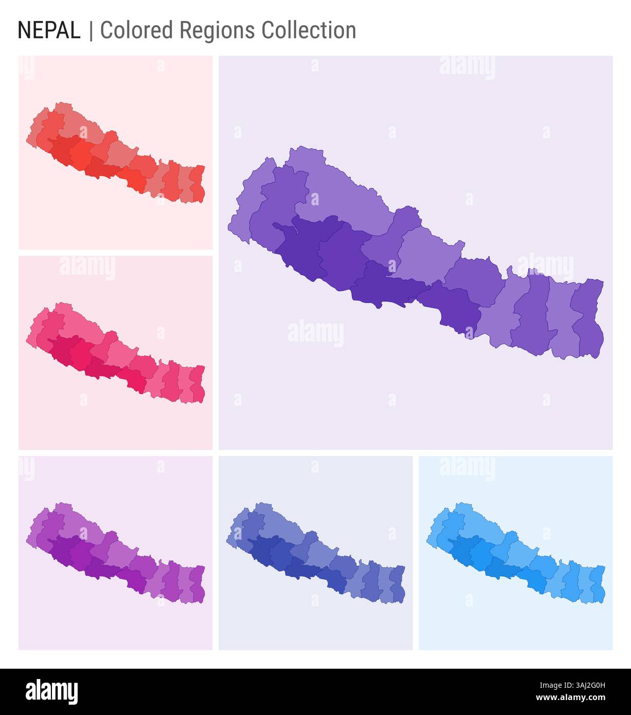 Collezione di mappe del Nepal. Forma del paese con regioni colorate. Viola intenso, rosso, rosa, viola, indaco, tavolozze di colore blu. Illustrazione Vettoriale