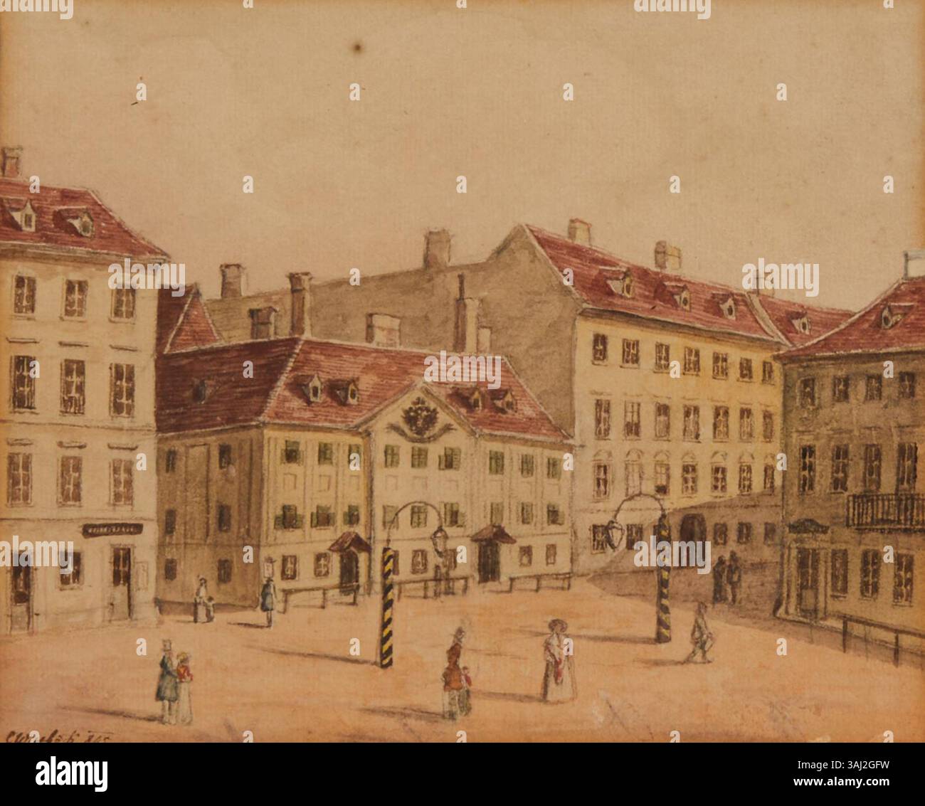 Un disegno ad acquerello e matita di C. Wissböck, intorno al 1845, raffigurante il Teatro Leopoldstädter di Vienna. La scena cattura le caratteristiche architettoniche del teatro come apparve a metà del XIX secolo. Foto Stock