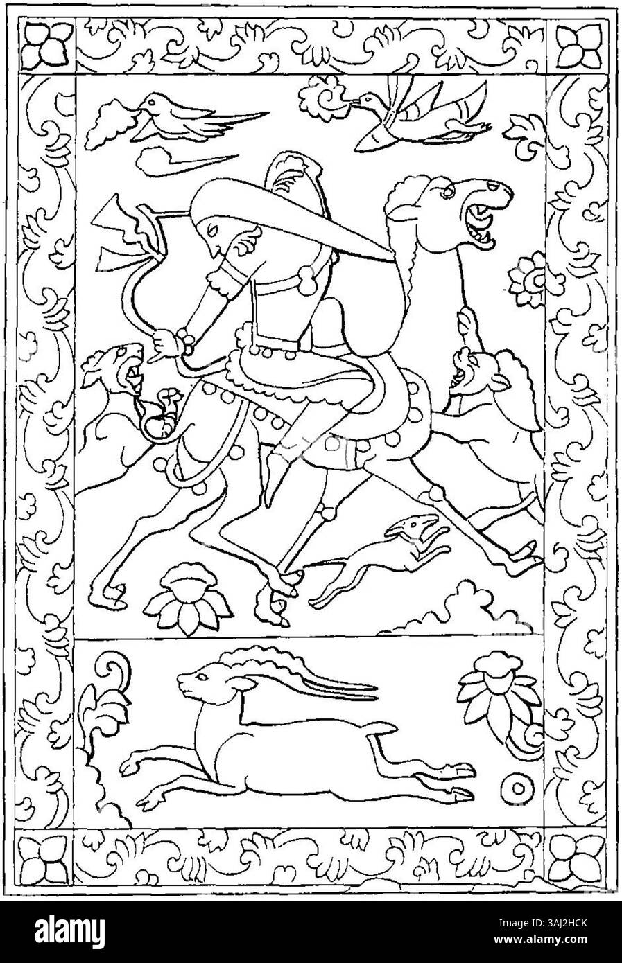 Il pannello orientale della tomba di Zhou settentrionale (592 d.C.) raffigura una scena di caccia turca. Questa intricata rappresentazione della cultura turca mette in evidenza il rapporto tra i guerrieri turchi e il loro ambiente. Foto Stock