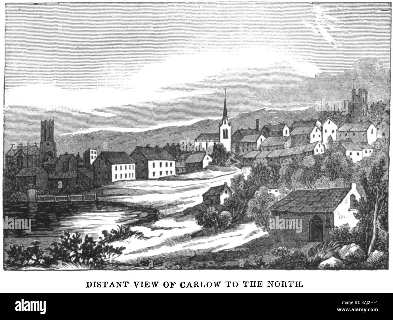 Una rappresentazione scenica di Carlow, che mostra il suo paesaggio rurale e i suoi luoghi di interesse. La vista mette in evidenza le colline circostanti, i fiumi e le caratteristiche architettoniche del villaggio da un punto panoramico settentrionale, sottolineando la serenità di questa città della contea irlandese. Foto Stock