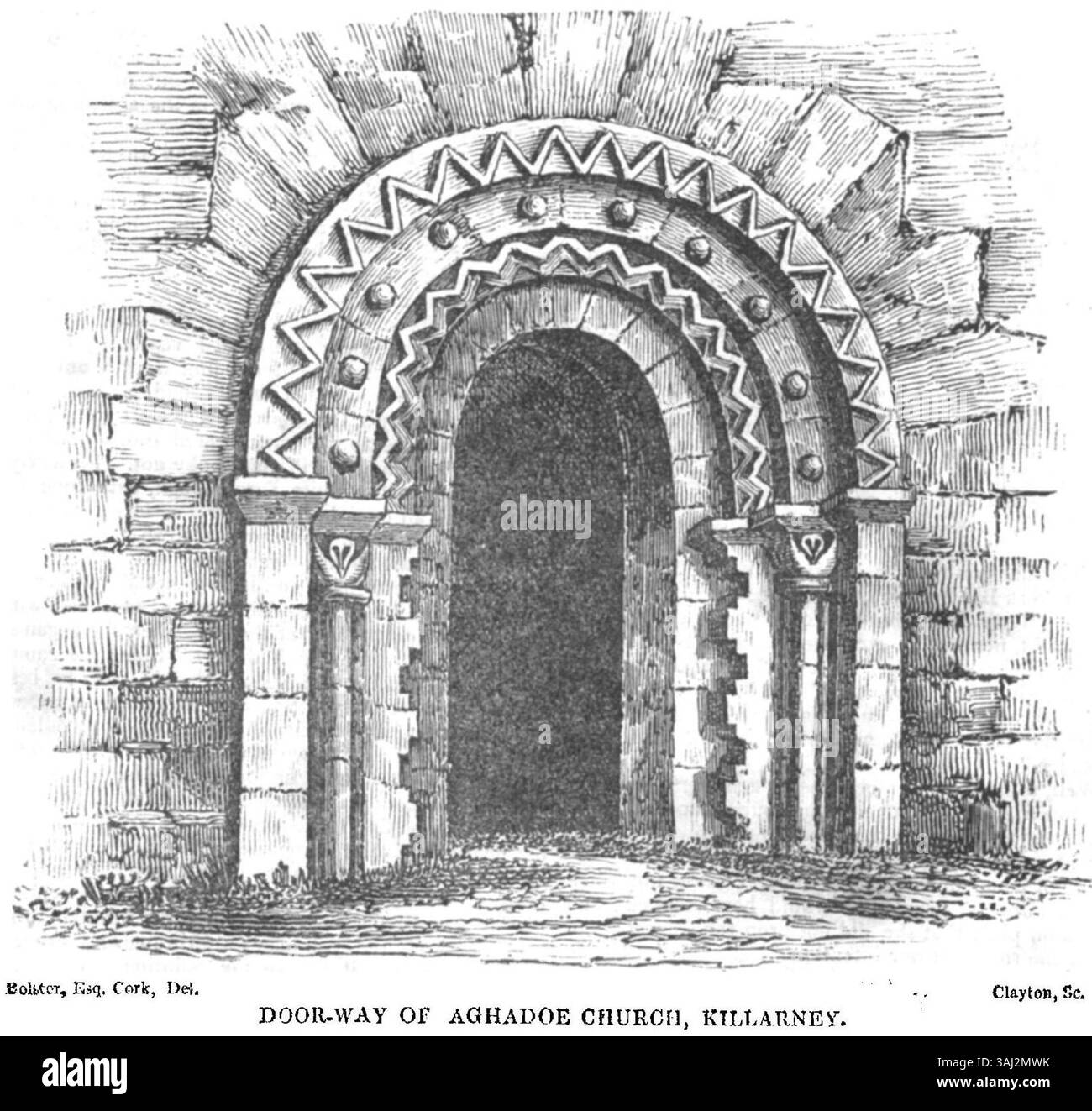 La rappresentazione del 1835 della porta della chiesa di Aghadoe a Killarney, pubblicata su "The Dublin Penny Journal", cattura lo stile architettonico delle strutture ecclesiastiche irlandesi. Foto Stock
