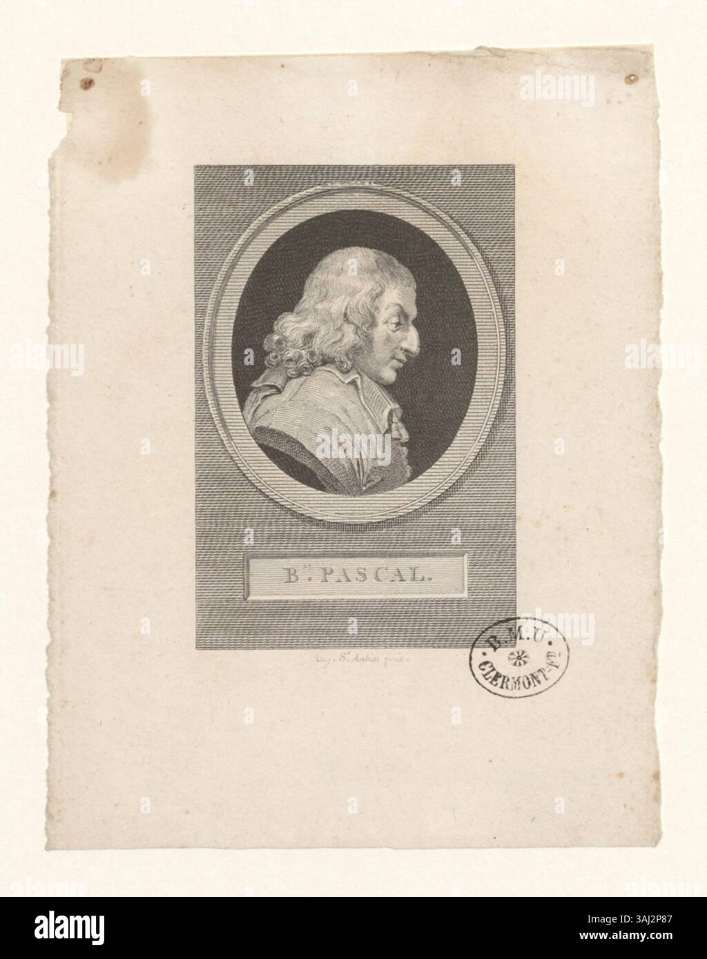 Intaglio stampa di Blaise Pascal di Augustin de Saint-Aubin. Fa parte della collezione Boyer, raffigurando Pascal come una figura di spicco nella scienza e nella filosofia. Foto Stock