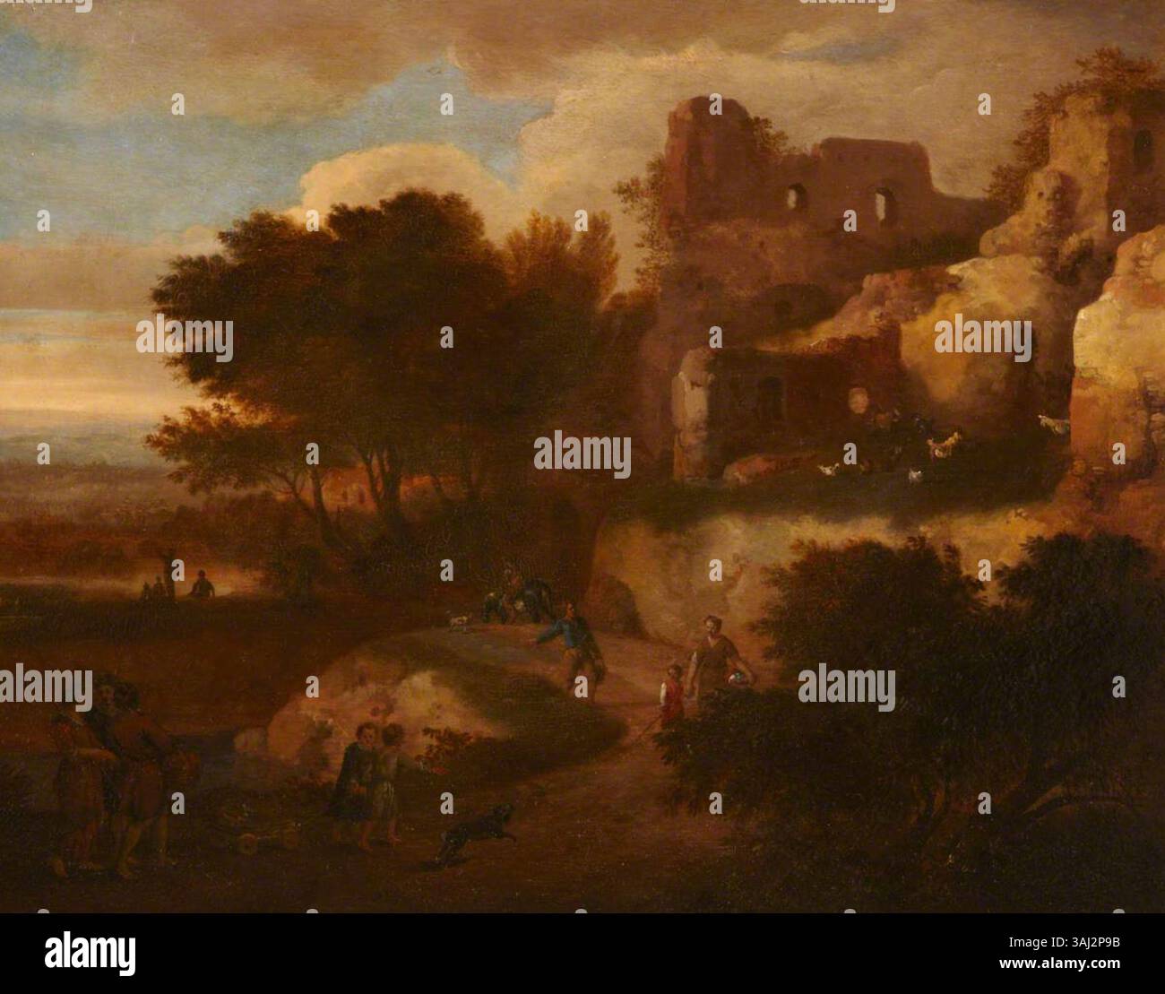 Un dipinto di paesaggio con contadini e un cane tra le rovine romane, creato tra il 1620 e il 1699 dal cerchio di Cornelis van Poelenburgh. L'olio su tela cattura una scena classica. Raccolta National Trust. Foto Stock