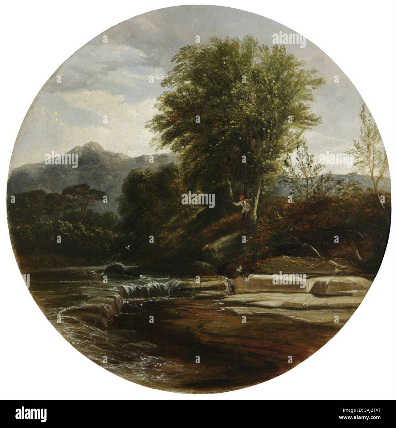 Questo dipinto del XIX secolo, nello stile di William James Müller, raffigura un ragazzo che pesca vicino a un fiume di montagna. L'olio su tela cattura l'interazione pacifica tra uomo e natura. Foto Stock