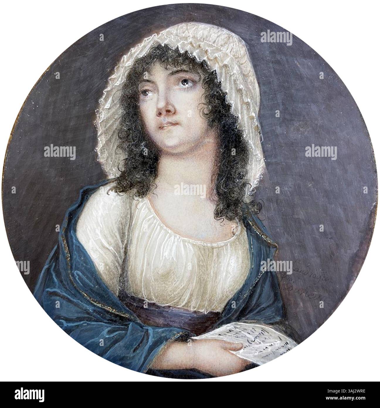 Questo ritratto in miniatura di Marie-Adelaide Duvieux (circa 1794-1798) raffigura una donna che tiene in mano una lettera mentre guarda in alto. L'opera d'arte è un bell'esempio di ritrattistica francese in miniatura del XVIII secolo. Foto Stock