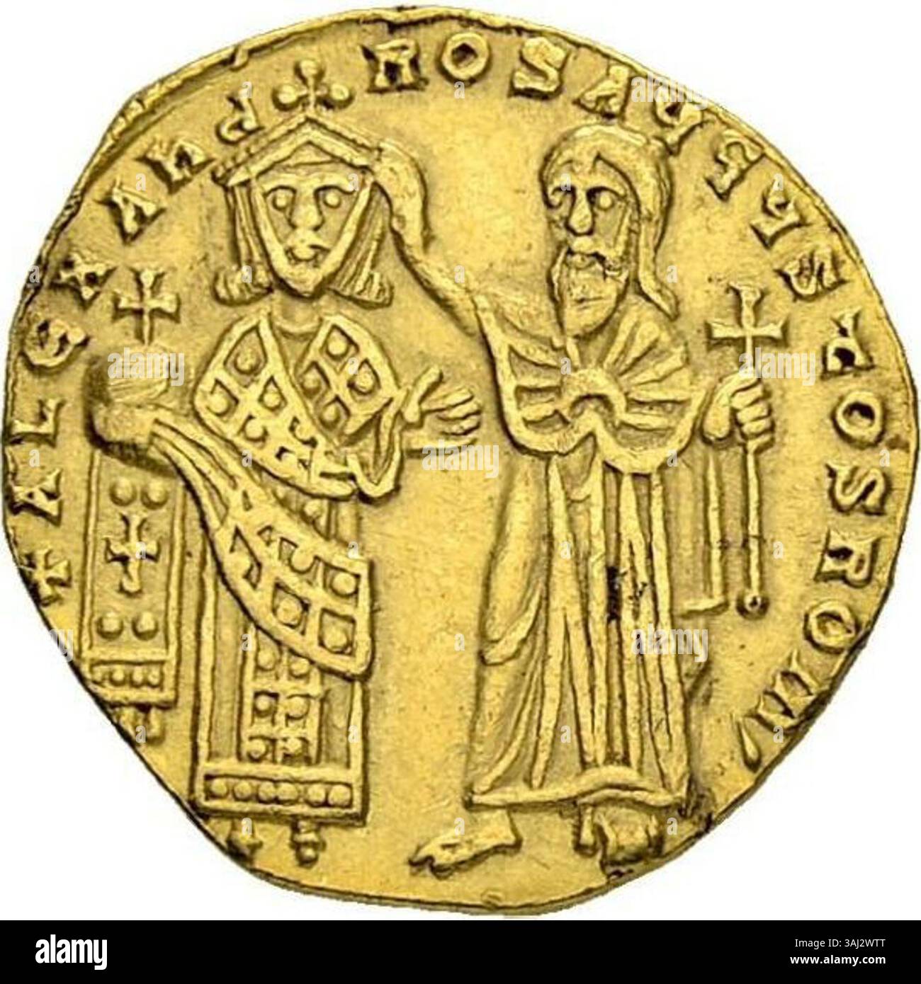 Il rovescio di un solidus dell'imperatore Alessandro (912-913) presenta una figura incoronata di Alessandro, che regge un globus Crociger e si estende verso Sant'Alessandro, che lo incorona. Questa moneta esemplifica l'arte bizantina e il rapporto dell'imperatore con i santi. Foto Stock