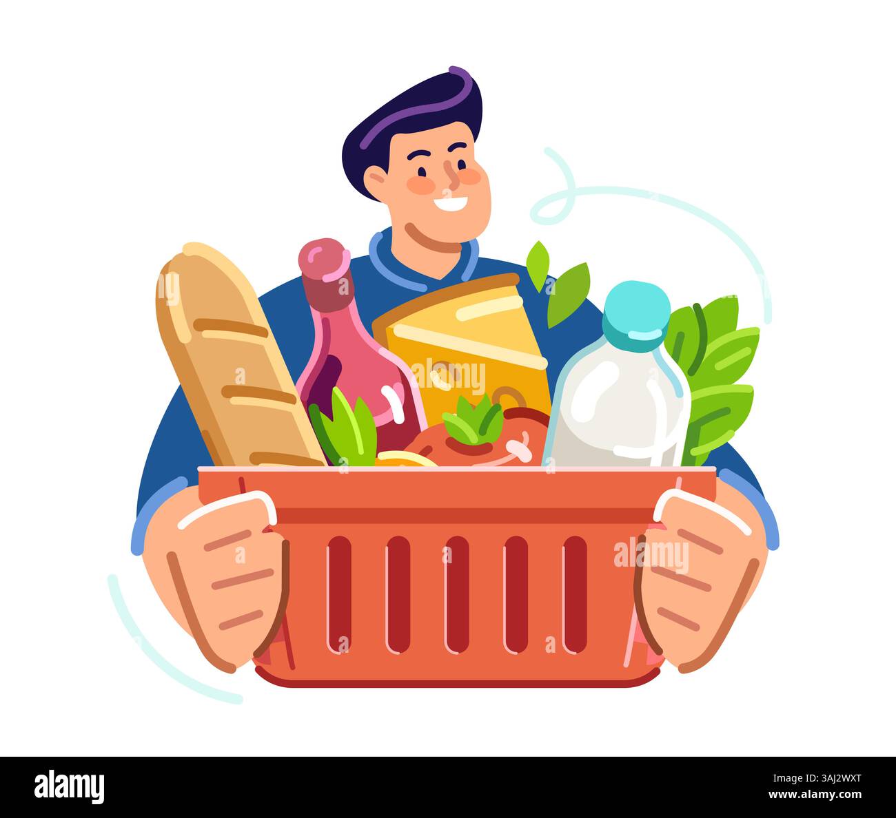 Felice acquirente con un cestino rosso pieno di vari prodotti alimentari. Negozio di alimentari, negozio di cartoni animati dal design piatto Illustrazione Vettoriale