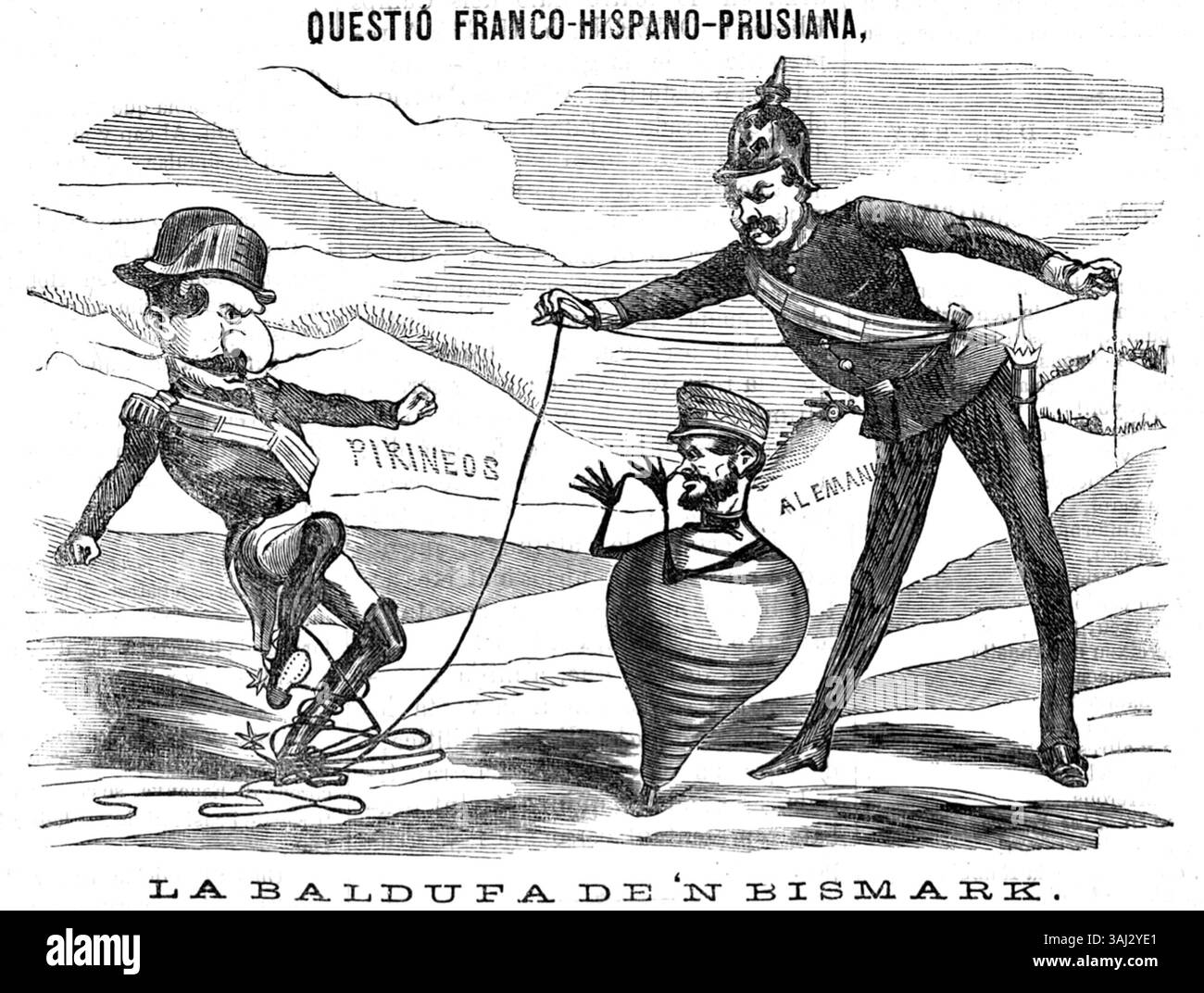 Caricatura del 17 agosto 1870, che fa riferimento alla crisi diplomatica del telegramma EMS. L'immagine raffigura otto von Bismarck che usa un telegrafo per provocare Napoleone III e Juan prim, portando alla guerra franco-prussiana. Foto Stock