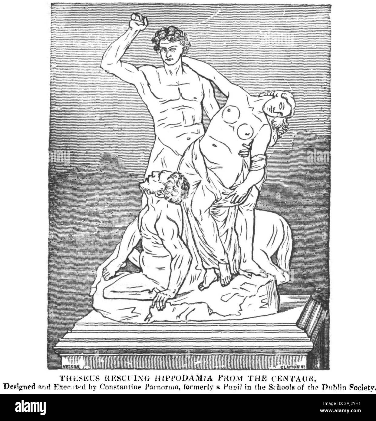 Questa immagine del 1835 illustra la scena mitologica di Teseo che salva Ippodamia da un centauro, raffigurando un momento classico della mitologia greca. L'opera enfatizza l'azione drammatica e le antiche narrazioni culturali, descritte nel Dublin Penny Journal. Foto Stock