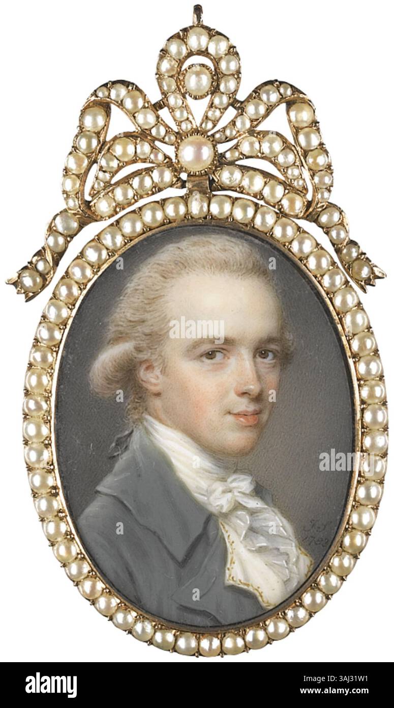 Il ritratto in miniatura di John Smart del 1783 raffigura un gentiluomo che indossa un cappotto di colore litchen e un cravat bianco. L'opera, 4,3 x 3,2 cm, è incorniciata in oro e intarsiata con perle spaccate. Foto Stock Il ritratto in miniatura di John Smart del 1783 raffigura un gentiluomo che indossa un cappotto di colore litchen e un cravat bianco. L'opera, 4,3 x 3,2 cm, è incorniciata in oro e intarsiata con perle spaccate. Foto Stock