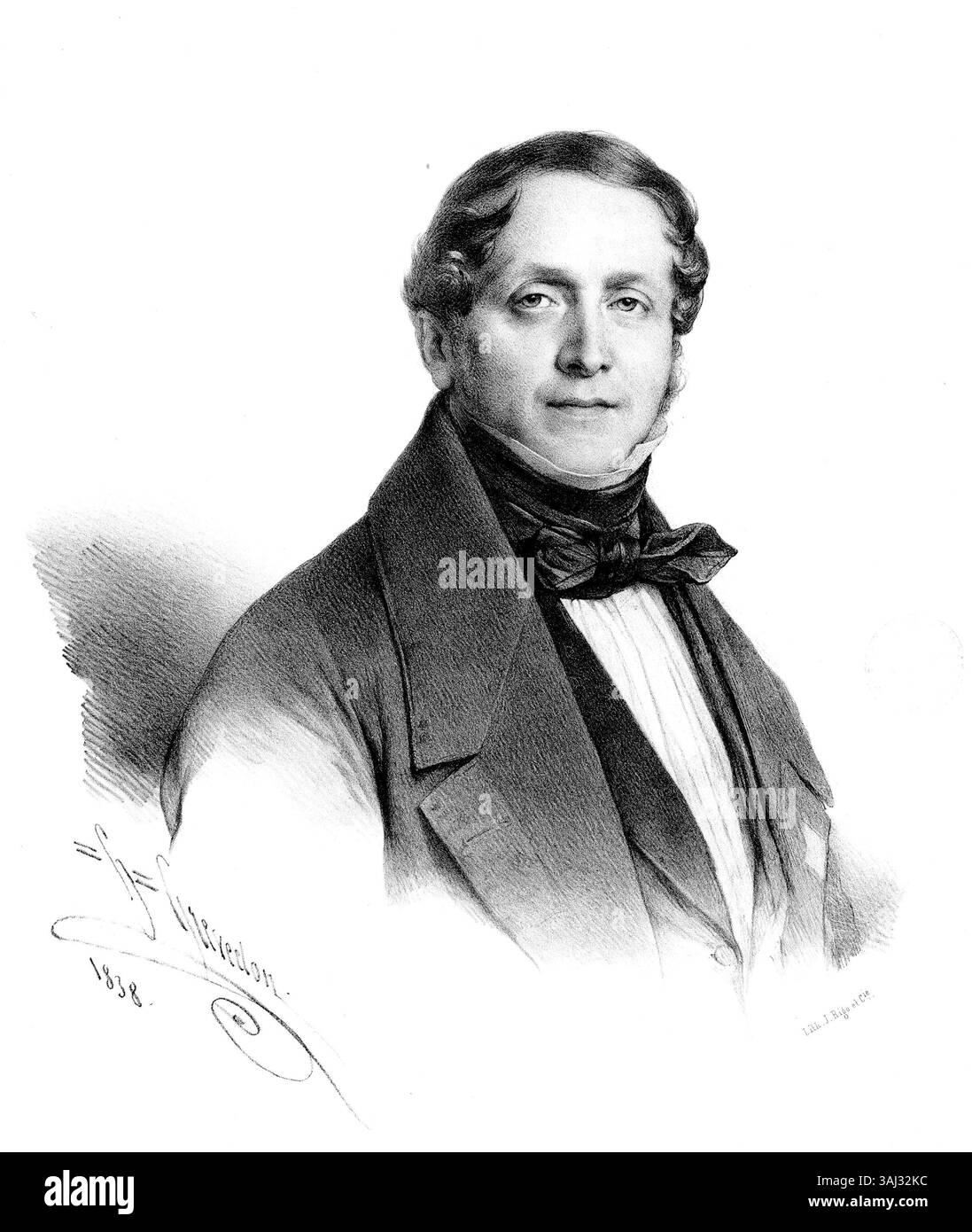 Questa incisione di Henri Grevedon ritrae Giulio Marco Bordogni, una figura influente nelle arti del XIX secolo. La stampa, creata nel 1838, è conservata nella Bibliothèque nationale de France e riflette il significato di Bordogni nel mondo dell'opera e della musica. Foto Stock