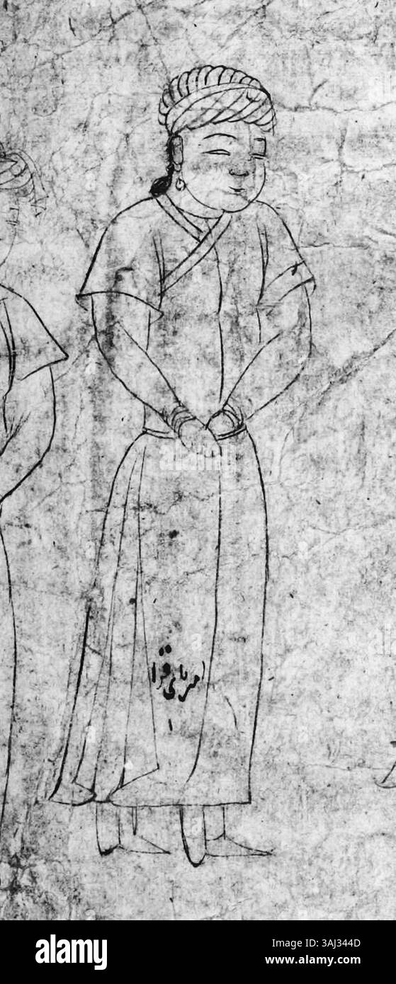 Una raffigurazione di Amir Bayqara alla corte timuride, risalente al 1420 circa. Il manoscritto ritrae l'influente sovrano che partecipa ad un raduno reale all'interno della corte dell'Impero timuride. Foto Stock