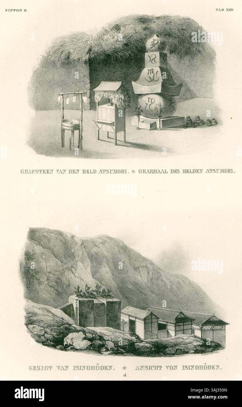 Lapide di Atsumori & Ishi no Hôden, come raffigurato nel Nippon di Siebold (1832), che offre uno sguardo sul patrimonio culturale e storico del Giappone durante l'inizio del XIX secolo, con particolare attenzione agli individui e ai monumenti significativi della storia giapponese. Foto Stock