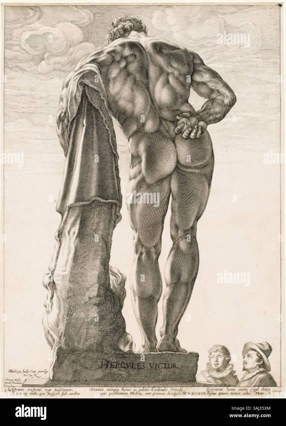 Questa incisione di Hendrick Goltzius, creata nel 1592, raffigura Hendrick Goltzius e Jacob Matham che osservano la famosa statua di Ercole Farnese. L'opera utilizza tecniche di incisione in rame ed è ospitata presso la Kunsthalle di Brema. Dimostra la maestria di Goltzius nei dettagli raffinati e nei temi classici. Foto Stock