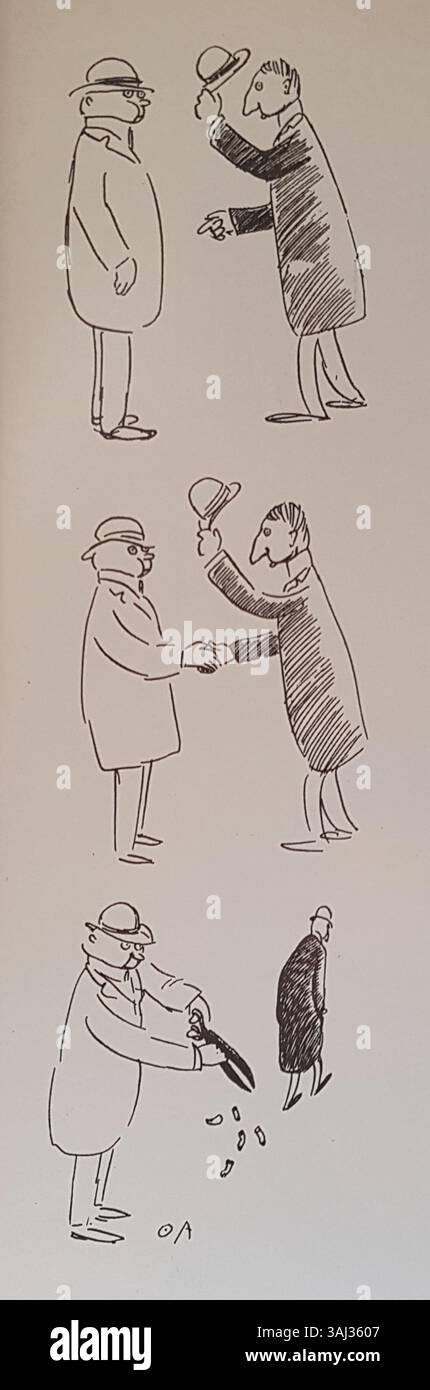 Un disegno caricaturale intitolato "l'uomo che fa ciò che viene a lui" di Oskar Andersson, fotografato da Allhems Svenskt Konstnärslexikon. Foto Stock