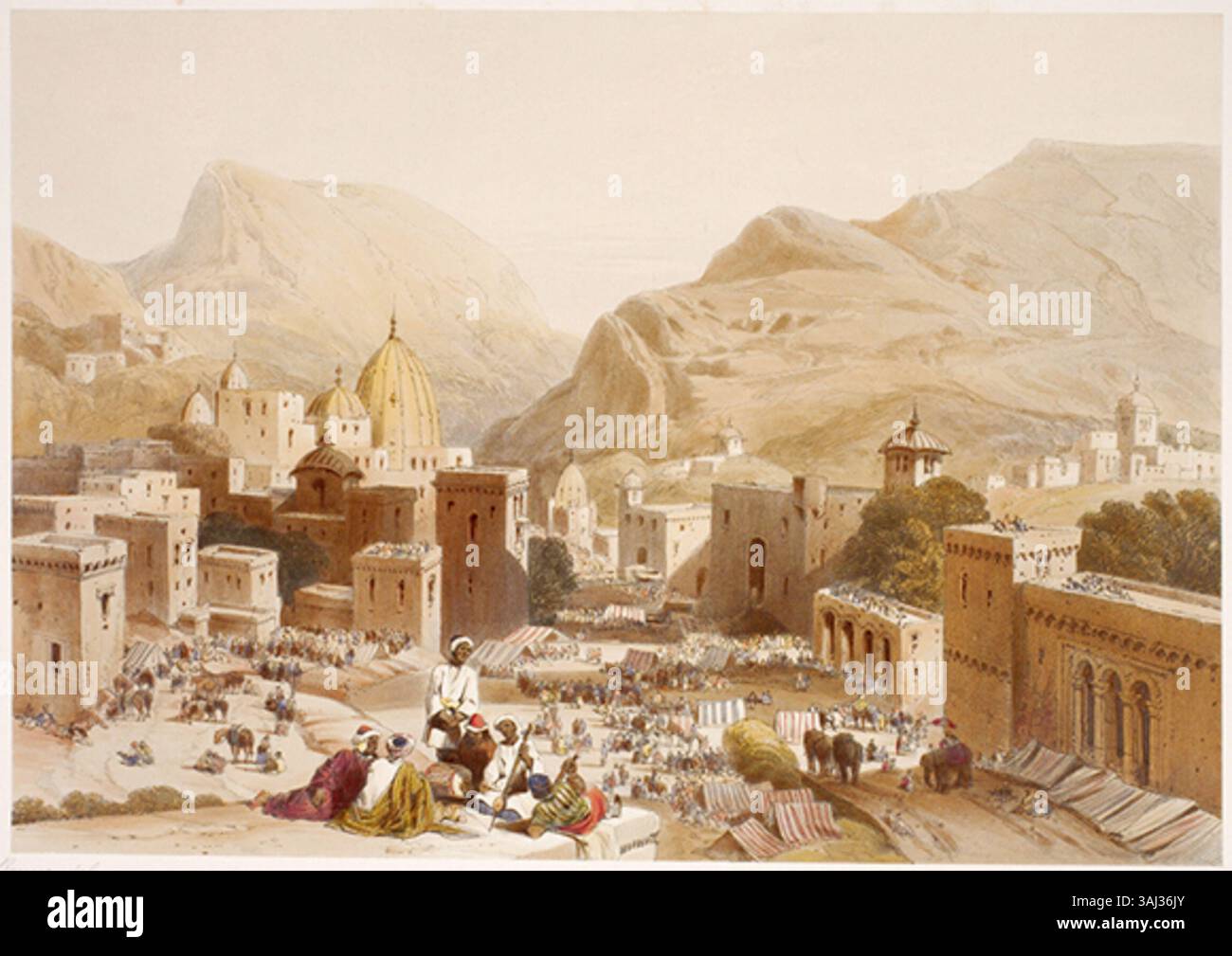 Questa versione ritagliata della stampa del 1847 di James Duffield Harding mostra un festival maschile a Poormandal, vicino a Jammu, fornendo una visione approfondita dei costumi e delle pratiche delle festività culturali e religiose della regione durante il XIX secolo. Foto Stock