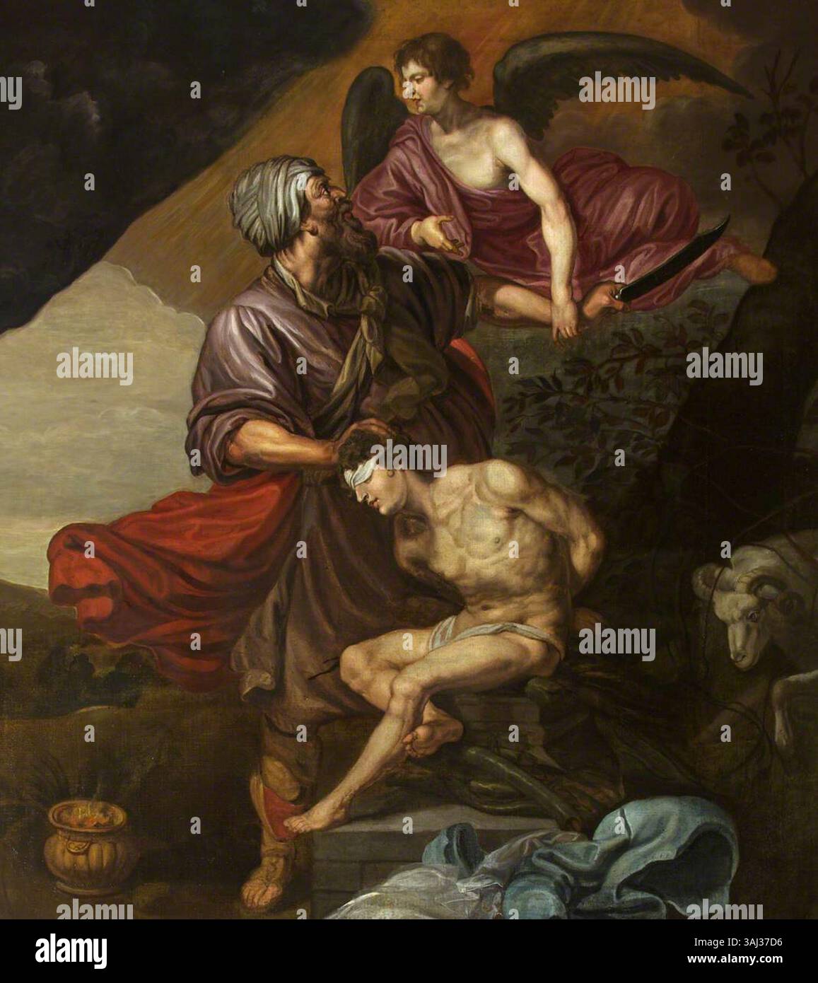 "L'Angelo del Signore che impedisce ad Abramo di sacrificare suo figlio Isacco", un dipinto di scuola inglese del 1674 circa. Questa opera religiosa raffigura la scena biblica dell'angelo che impedisce ad Abramo di sacrificare Isacco. Foto Stock