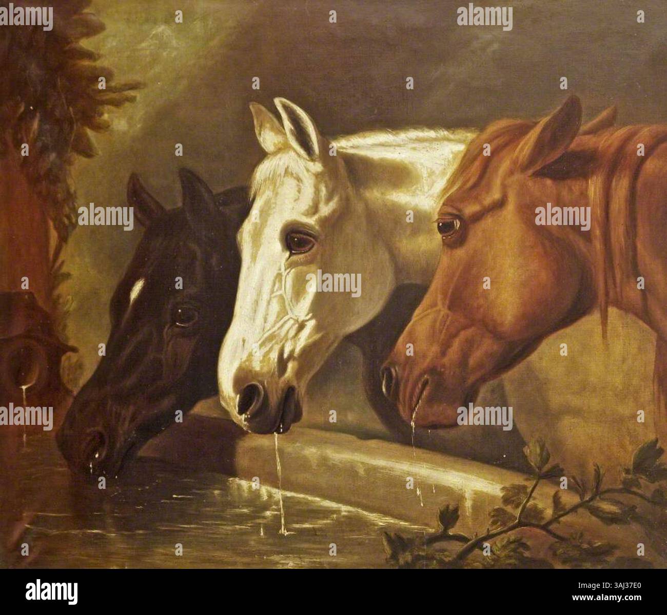 Questo dipinto di John Frederick Herring i (dopo) mostra tre cavalli che bevono in una valle, simboleggiando il messaggio di moderazione della Temperance Society, dipinto tra il 1847 e il 1870. Foto Stock